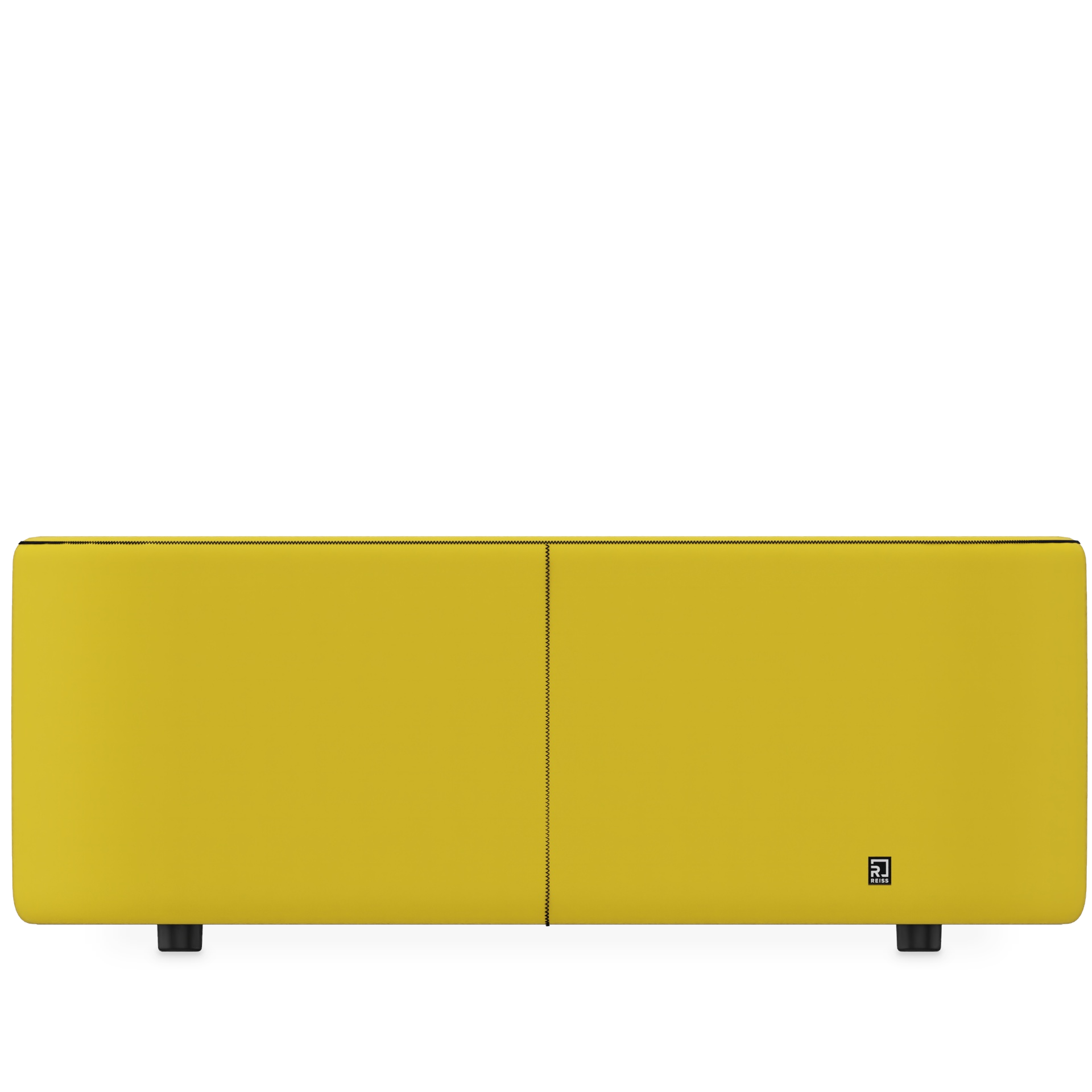 Ein modernes, minimalistisches Sofa, gepolstert mit leuchtend gelbem Stoff, von hinten gesehen. Das Design zeichnet sich durch klare Linien, eine vertikale Mittelnaht und kleine schwarze Füße aus, wobei in der unteren rechten Ecke ein kleines Reiss-L