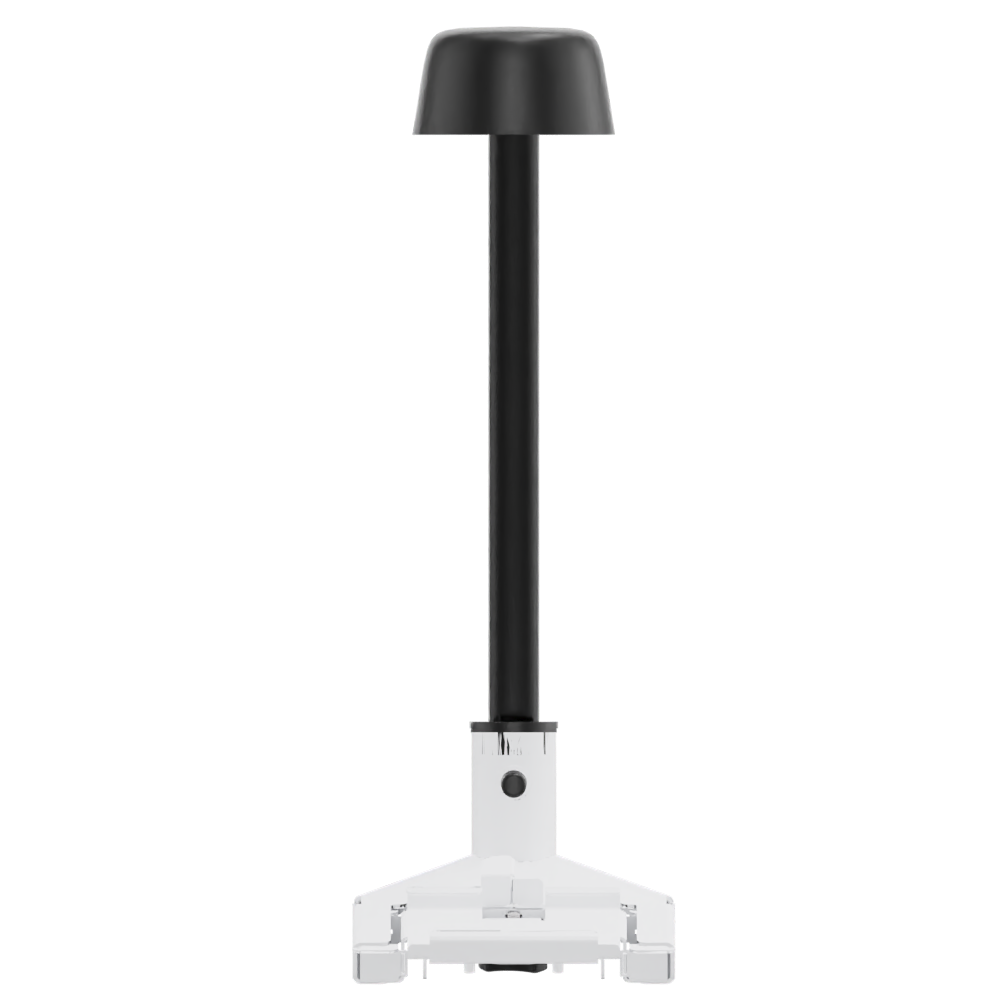 Eine moderne, minimalistische schwarz-weiße Tischlampe mit einem schlanken, hohen zylindrischen Stiel, einem abgerundeten oberen Schirm und einem stabilen, transparenten Sockel, entworfen für moderne Heimbüro- oder Nachttischbeleuchtungslösungen.