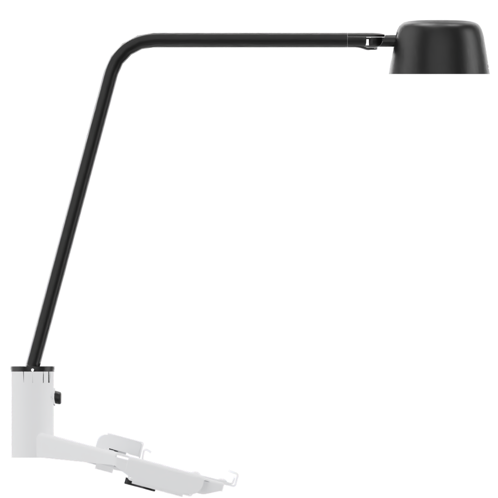 Eine moderne, minimalistische Schreibtischlampe mit einem eleganten schwarzen verstellbaren Arm und einem passenden schwarzen Lampenkopf, montiert auf einem weißen, funktionalen Klemmsockel, perfekt für moderne Büro- oder Arbeitsräume, die eine gezie