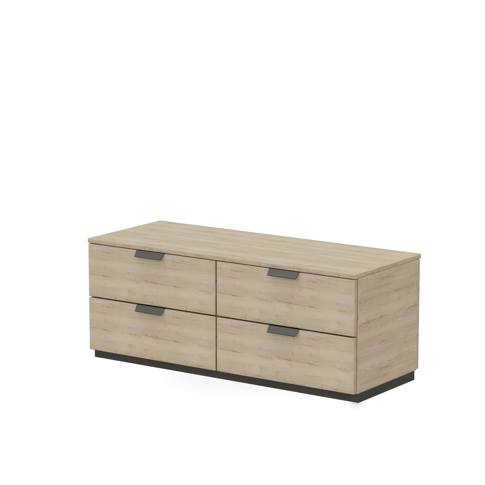 Ein modernes, flaches Sideboard oder TV-Ständer mit heller Eichenholzmaserung, vier geräumigen Schubladen mit minimalistischen dunkelgrauen horizontalen Griffen und einem stabilen Sockel, perfekt für die moderne Aufbewahrung im Wohnzimmer.