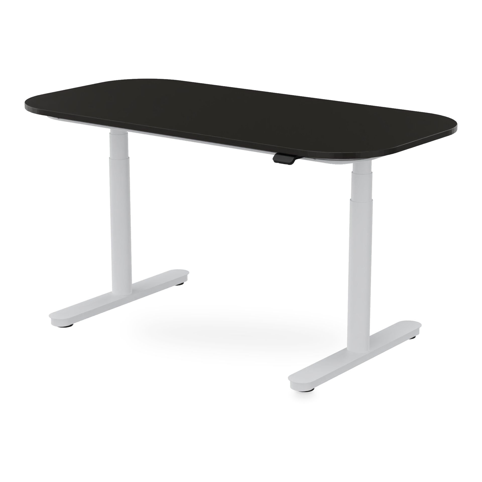 Ein moderner, höhenverstellbarer Stehschreibtisch mit einer glatten, rechteckigen schwarzen Tischplatte mit abgerundeten Ecken, getragen von einem stabilen weißen Metallrahmen mit zwei Teleskopsäulen und flachen, stabilen Füßen, isoliert vor einem sc