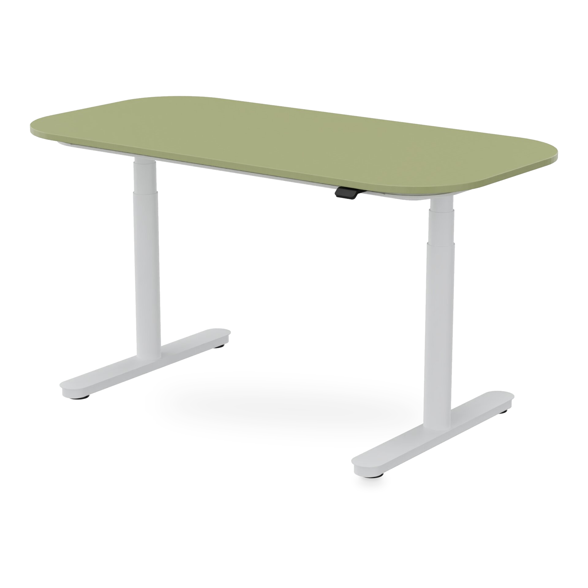 Ein moderner, höhenverstellbarer Stehschreibtisch mit einer glatten, salbeigrünen, rechteckigen Tischplatte mit abgerundeten Ecken, getragen von einem stabilen weißen Metallrahmen mit zwei T-förmigen Beinen, isoliert vor einem schlichten Hintergrund.