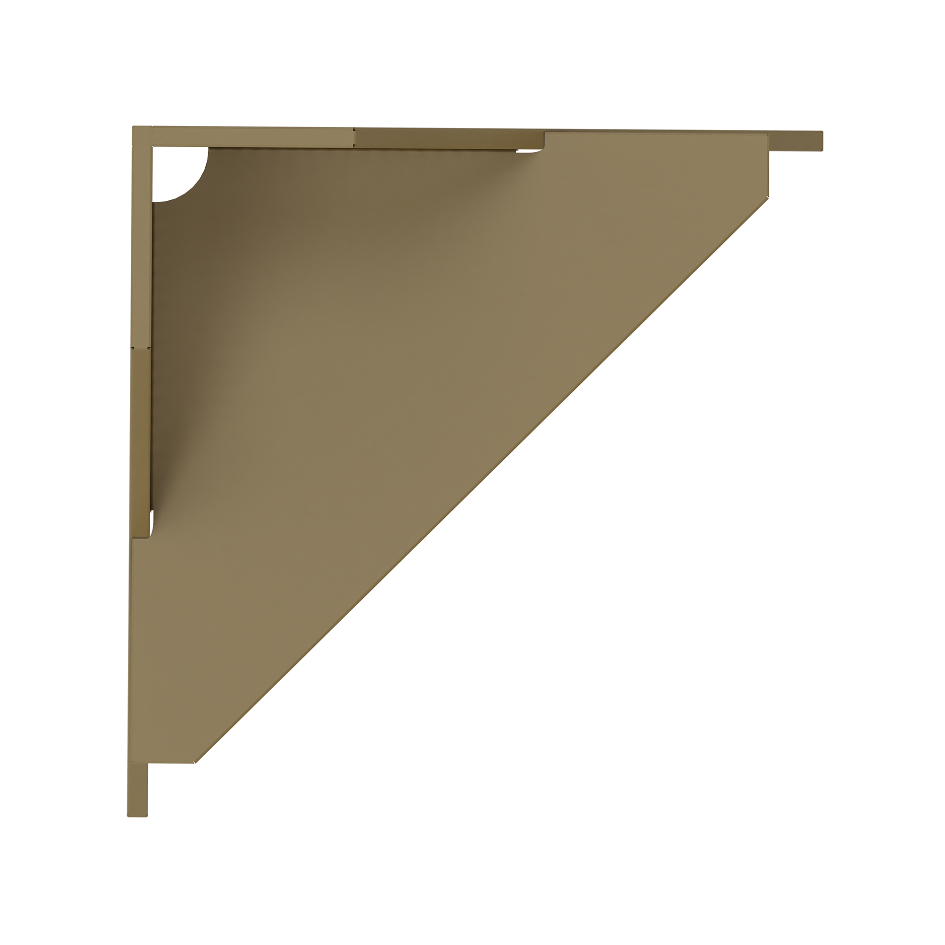 Eine minimalistische, L-förmige Wandregalhalterung aus Metall in mattem Beige mit einem klaren, dreieckigen Stützdesign für moderne Regale, isoliert vor einem schlichten weißen Hintergrund.