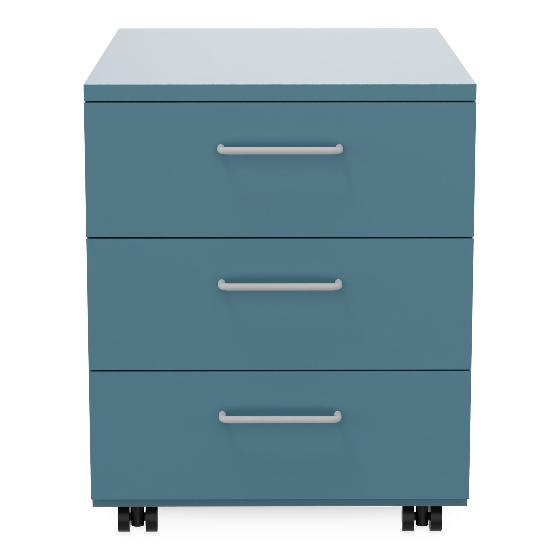 Ein moderner Rollcontainer mit drei Schubladen in mattblauer Ausführung, eleganten hellgrauen horizontalen Griffen und schwarzen Lenkrollen, perfekt für organisierte Büroaufbewahrung und Arbeitsplatzeffizienz.