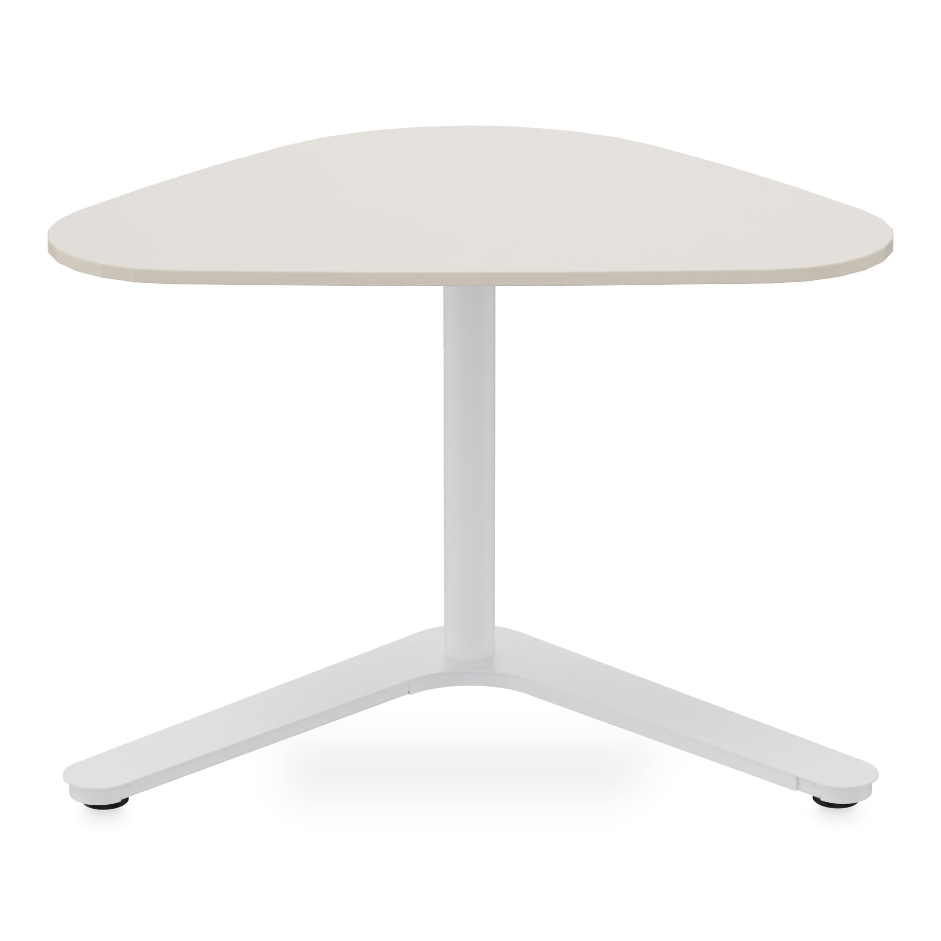 Ein moderner, minimalistischer Beistelltisch mit einer dreieckigen, cremefarbenen Tischplatte und einem stabilen, weißen zentralen Sockel mit drei Beinen, isoliert vor einem schwarzen Hintergrund. Perfekt für moderne Wohnräume oder Heimbüros.