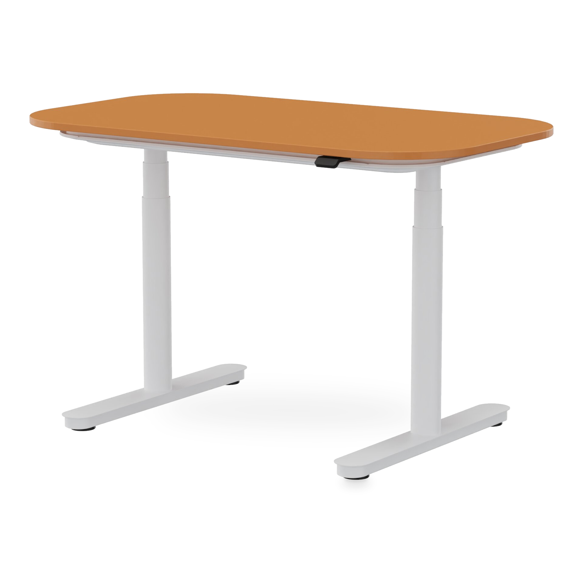 Ein moderner, höhenverstellbarer Stehschreibtisch mit einer glatten, hellbraunen Holztischplatte mit abgerundeten Kanten und einem stabilen weißen Metallrahmen mit zwei Teleskopsäulen, isoliert vor einem schlichten Hintergrund.