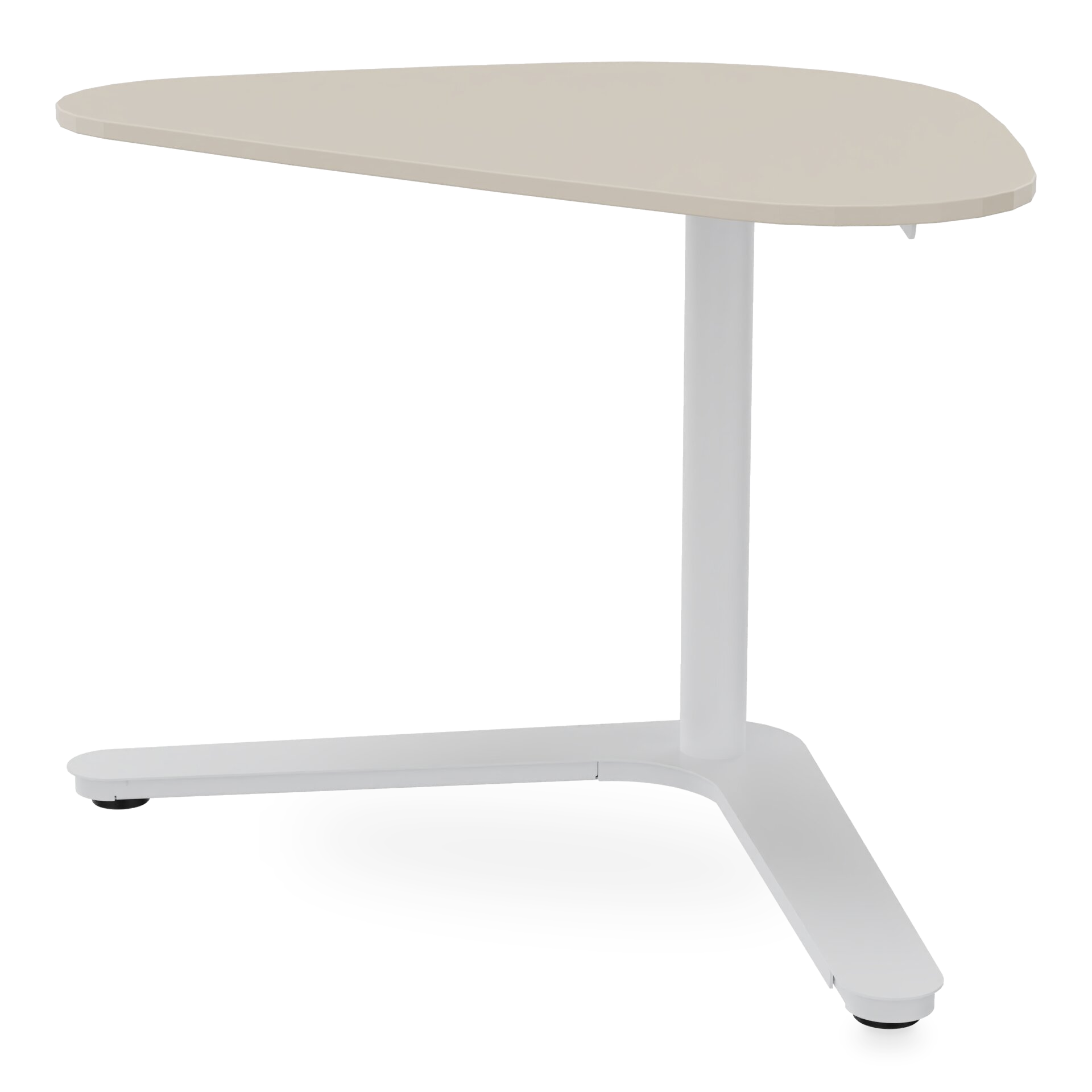 Ein moderner, höhenverstellbarer Beistelltisch mit einer einzigartigen, kieselförmigen beigen Tischplatte und einem stabilen weißen Dreibeinfuß. Dieser minimalistische Akzenttisch zeichnet sich durch ein elegantes, modernes Design aus und eignet sich