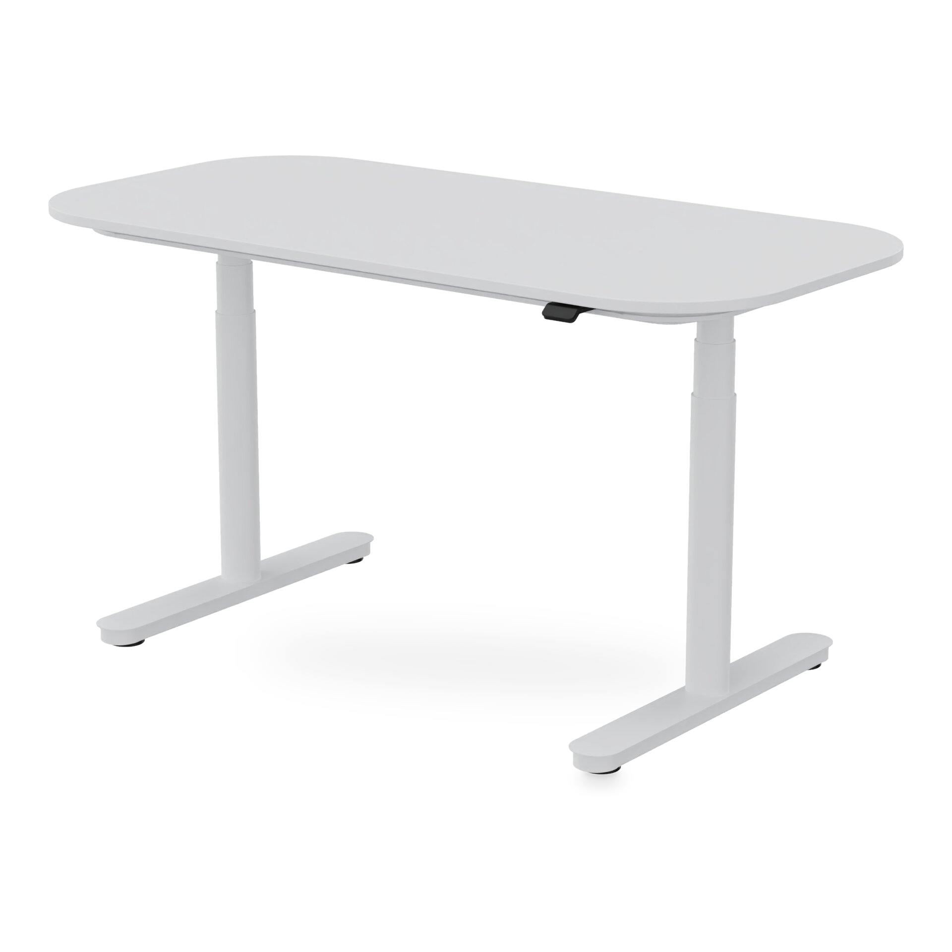 Ein moderner, minimalistischer, höhenverstellbarer Stehschreibtisch mit einer glatten, weißen, rechteckigen Tischplatte und abgerundeten Ecken, getragen von einem stabilen T-Bein-Gestell aus weißem Metall, ideal für ein modernes Heimbüro oder einen e