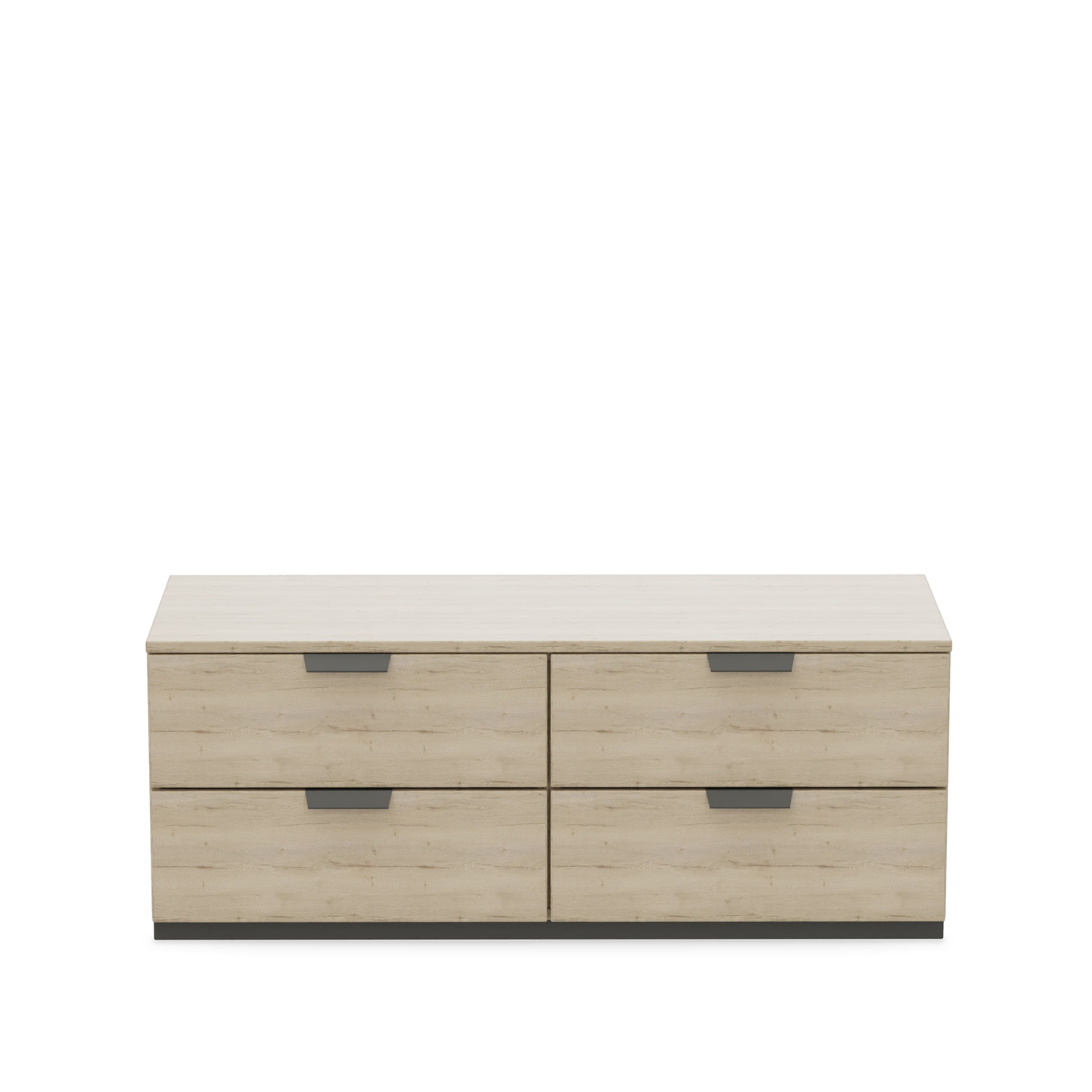 Ein modernes, flaches Sideboard oder eine Medienkonsole mit heller Eichenholzmaserung, vier geräumigen Schubladen mit eleganten dunkelgrauen Griffen und einem minimalistischen Design vor einem schlichten schwarzen Hintergrund.