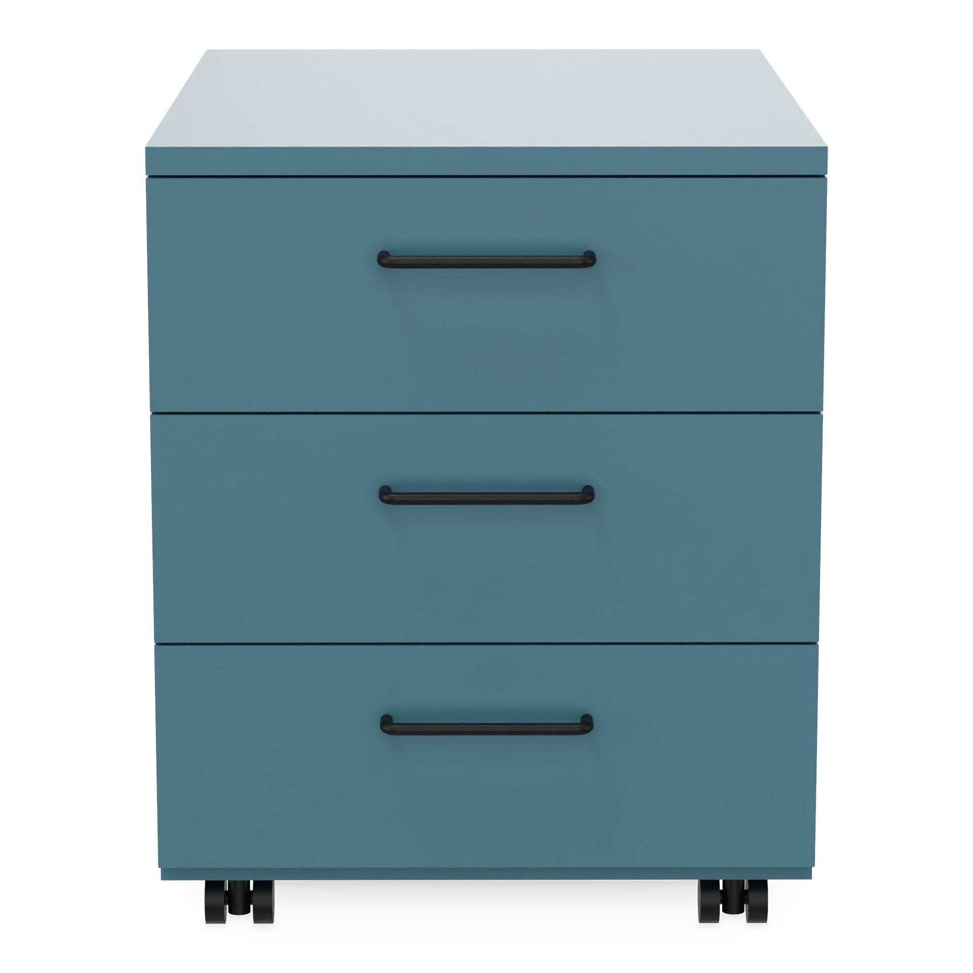 Ein moderner Rollcontainer in mattblauer Ausführung mit drei geräumigen Schubladen mit eleganten, minimalistischen schwarzen horizontalen Griffen. Das Gerät steht auf kleinen, diskreten Rollen, sodass es leicht bewegt werden kann, ideal für die Aufbe