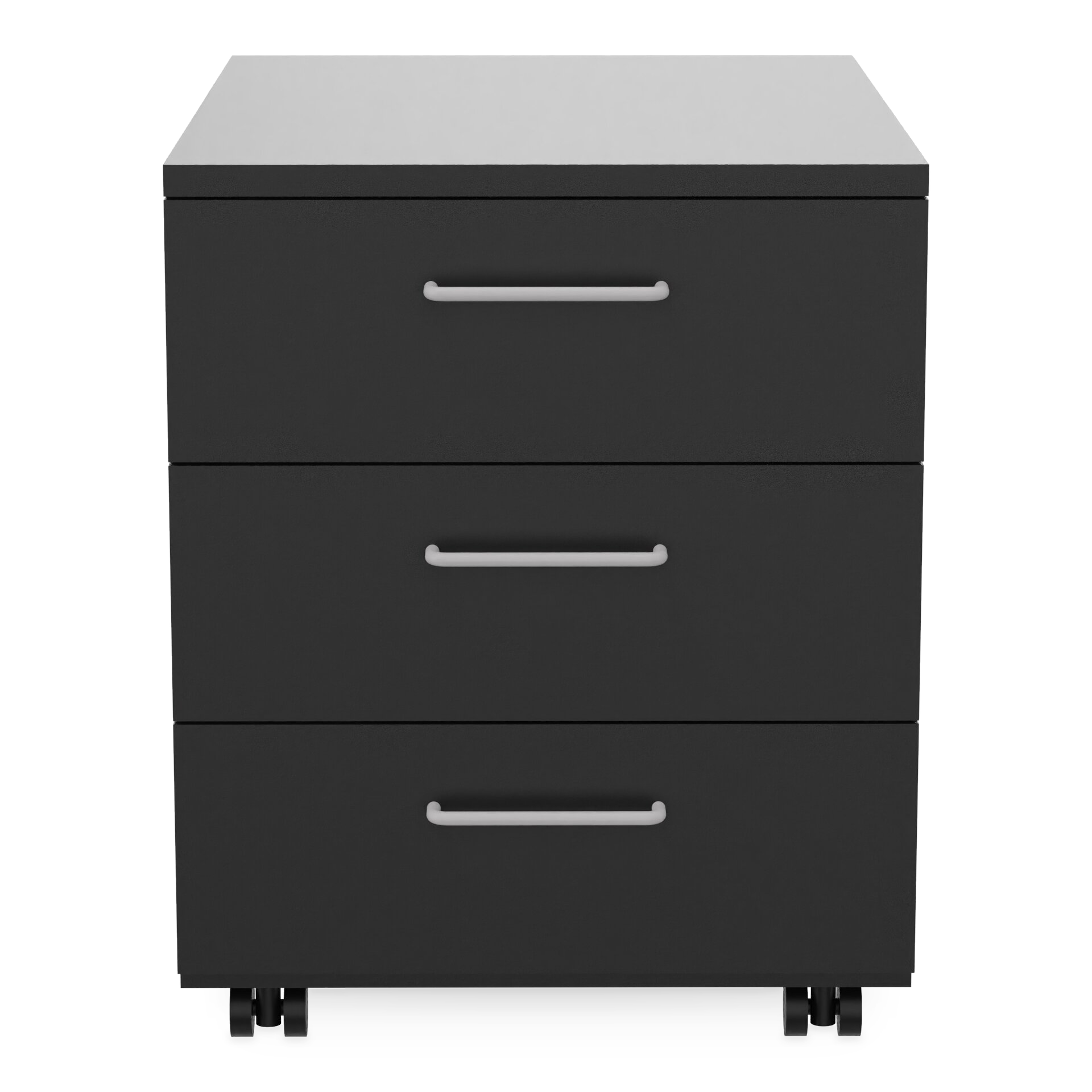 Ein moderner, mattschwarzer Rollcontainer mit drei geräumigen Schubladen mit schlanken, silberfarbenen horizontalen Griffen, die auf leichtgängigen Rollen stehen und so die Organisation und Aufbewahrung im Büro erleichtern.