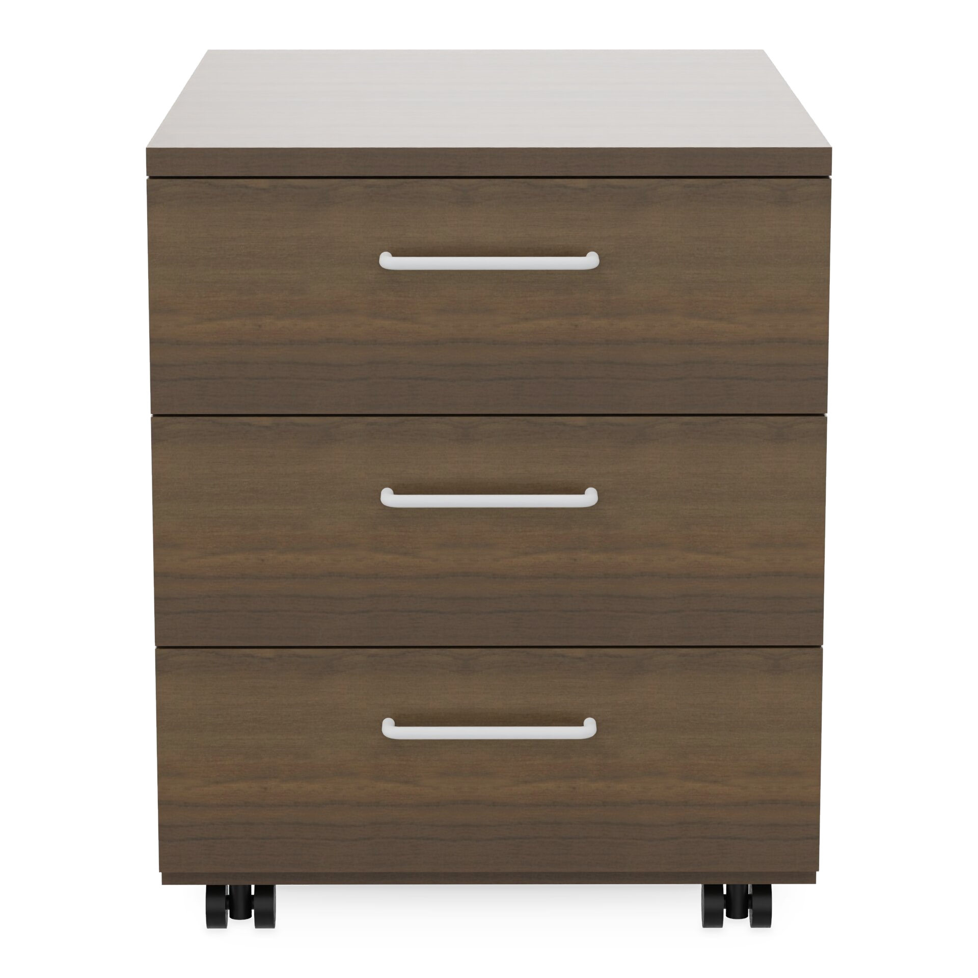 Ein moderner mobiler Unterschrank mit dunkler Holzmaserung, drei geräumigen Schubladen mit eleganten weißen horizontalen Griffen und vier schwarzen Rollen für einfache Bewegung, perfekt für die organisierte Aufbewahrung im Büro oder am Arbeitsplatz z