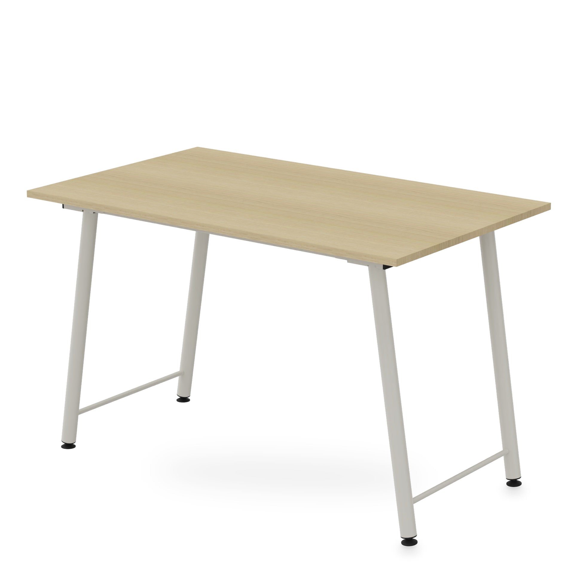 Ein moderner rechteckiger Schreibtisch mit einer Tischplatte mit heller Eichenholzmaserung, die von einem minimalistischen weißen Metallrahmen mit abgewinkelten Beinen und verstellbaren Nivellierfüßen getragen wird, perfekt für ein modernes Heimbüro