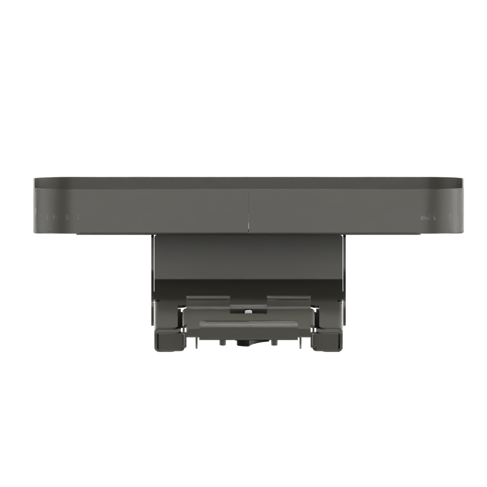Ein minimalistisches, dunkelgraues, rechteckiges Möbelelement oder eine Regalhalterung, dargestellt aus der Frontperspektive vor schwarzem Hintergrund, mit einem schlanken, modernen Design und integrierter mechanischer Montagehardware.