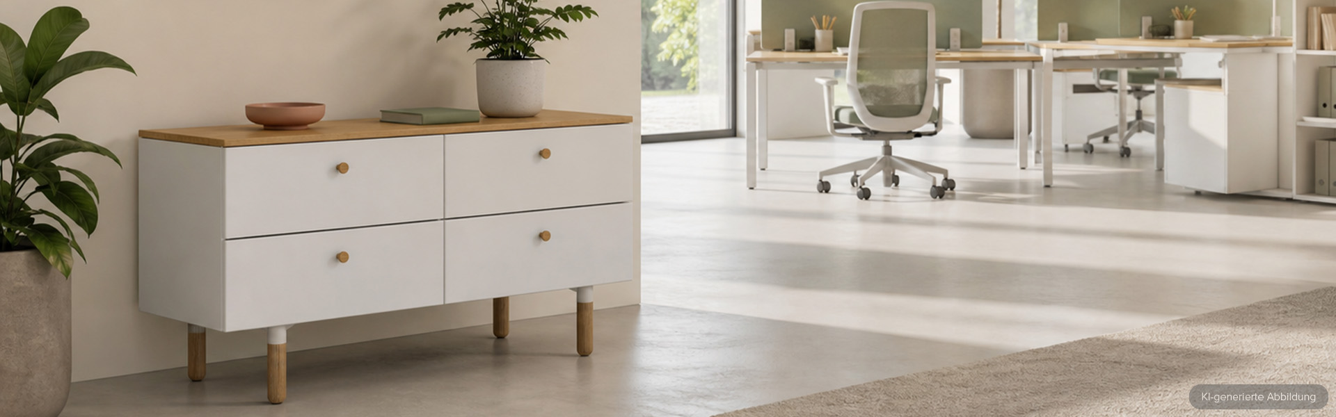 Ein modernes weißes Sideboard mit vier Schubladen und hellen Holzbeinen sowie einer Oberfläche aus Naturholz, gestylt mit einer Topfpflanze und einer dekorativen Schüssel in einem hellen, modernen Großraumbüro.