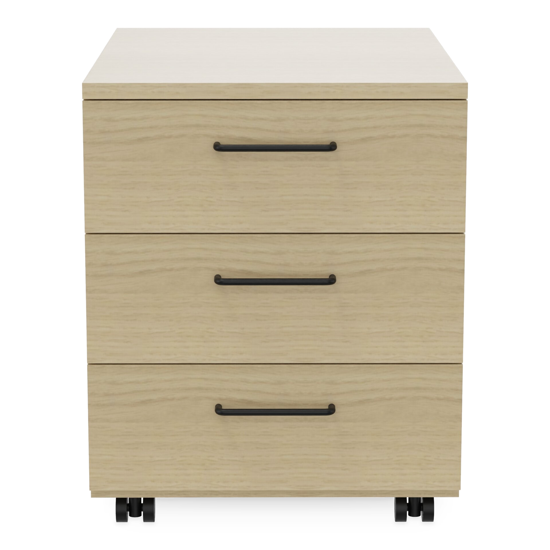 Ein moderner mobiler Sockelschrank mit heller Eichenholzmaserung, drei geräumigen Schubladen mit schlanken schwarzen horizontalen Griffen und kleinen schwarzen Rollen für einfache Bewegung, perfekt für die organisierte Aufbewahrung im Home-Office.