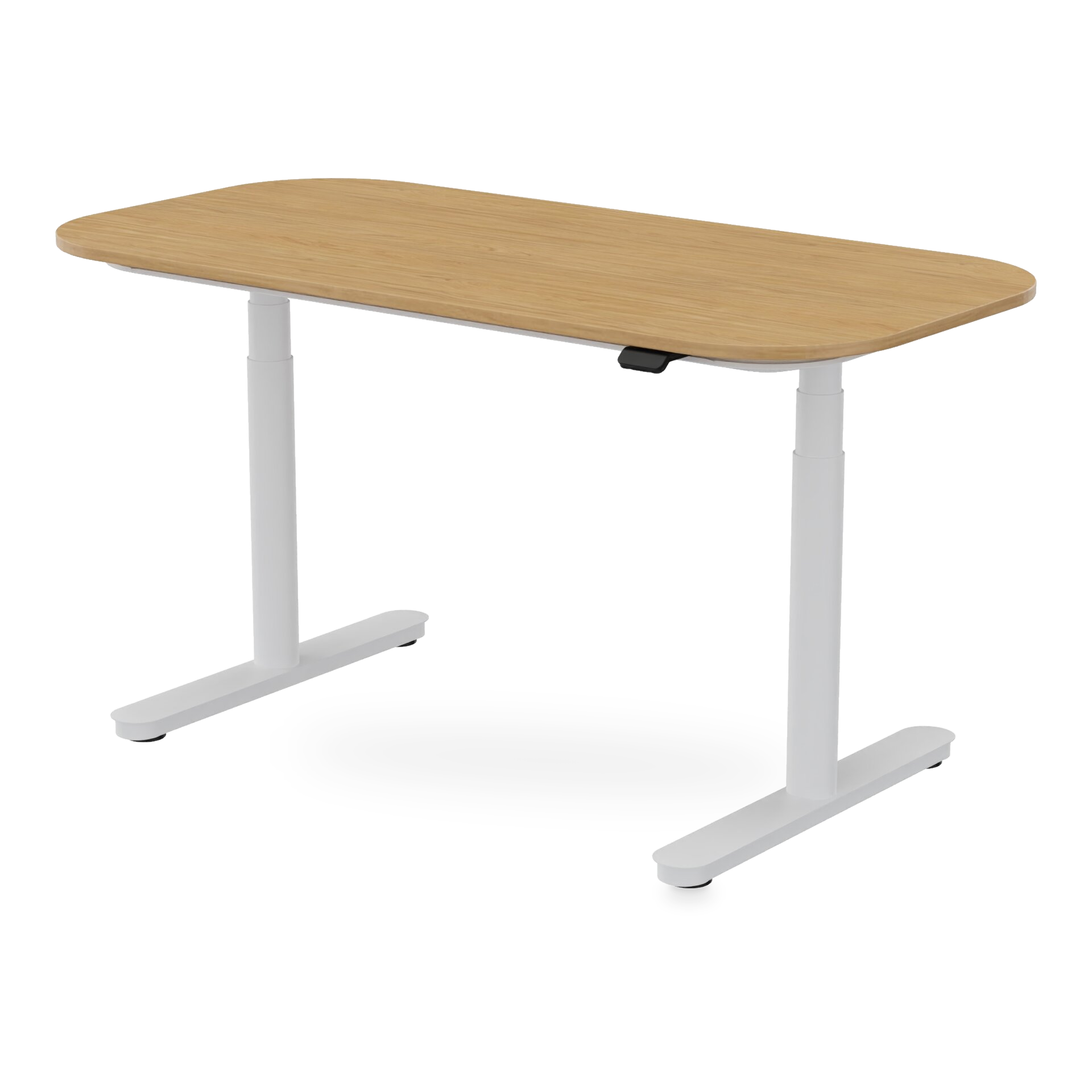 Moderner höhenverstellbarer Stehschreibtisch mit einer rechteckigen Tischplatte mit heller Eichenholzmaserung und abgerundeten Ecken, getragen von einem minimalistischen weißen Metallrahmen mit zwei stabilen Säulen und flachen Füßen, ideal für einen