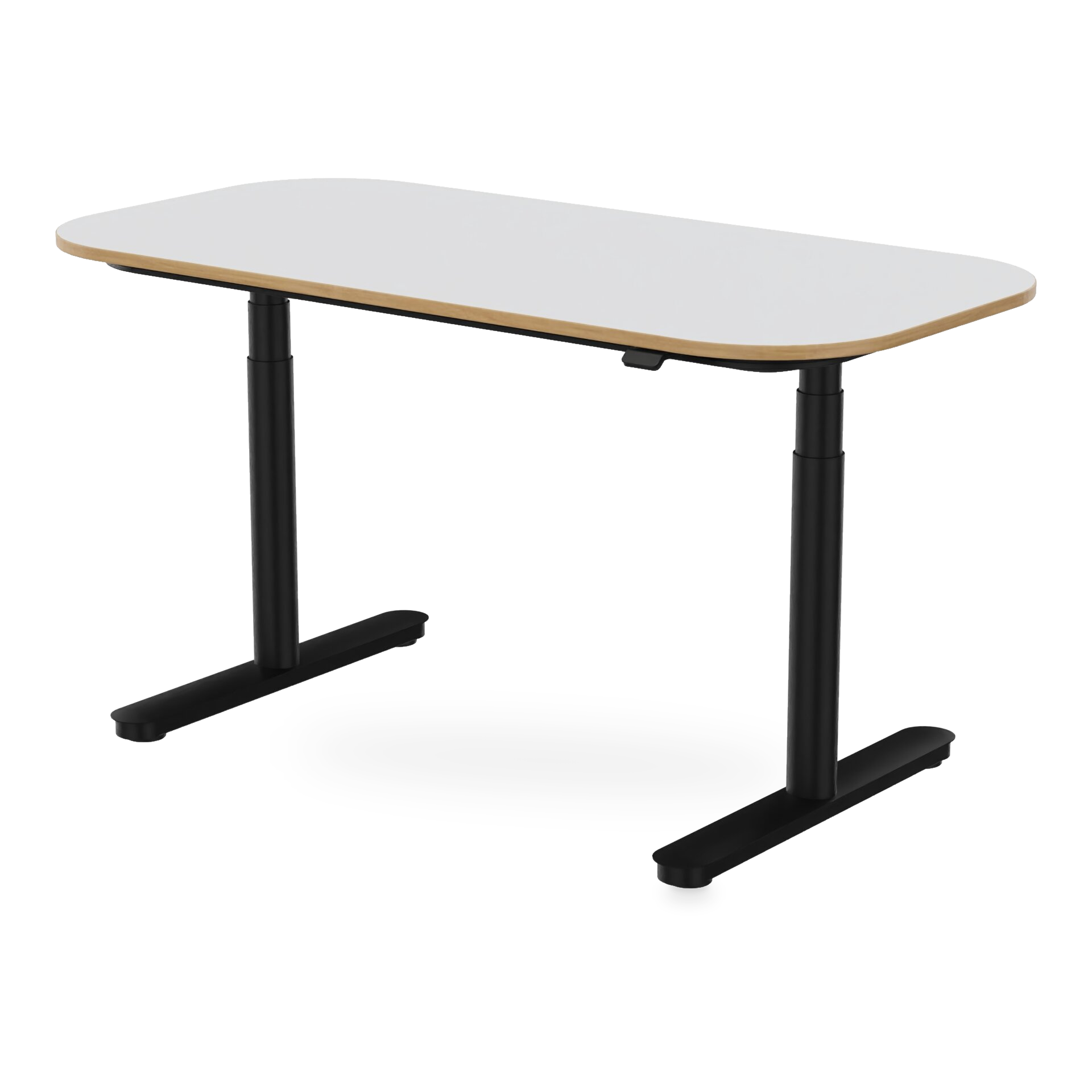 Moderner höhenverstellbarer Stehschreibtisch mit weißer, rechteckiger Tischplatte mit abgerundeten Ecken und heller Holzkante, getragen von einem stabilen schwarzen Metallgestell mit zwei Teleskopsäulen und T-förmigen Füßen auf schlichtem Hintergrund