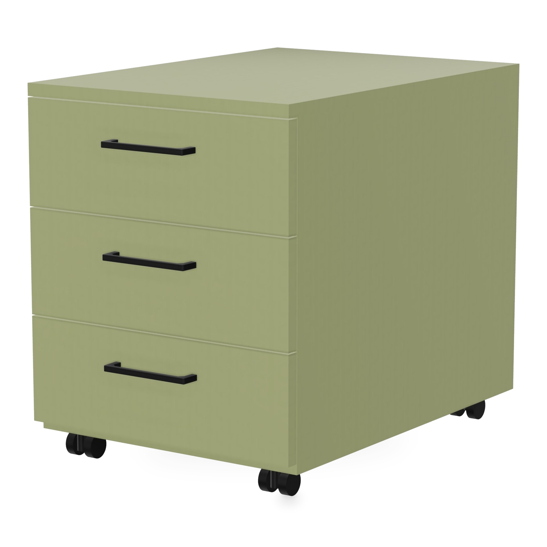 Ein moderner Rollcontainer mit drei Schubladen in gedecktem Salbeigrün, mit minimalistischen schwarzen horizontalen Griffen und vier kleinen schwarzen Rollen für einfache Bewegung, isoliert vor einem schlichten weißen Hintergrund.