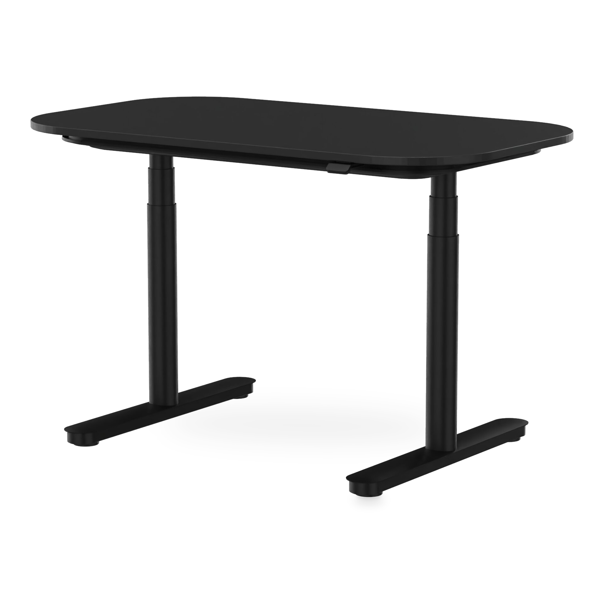 Ein moderner, minimalistischer höhenverstellbarer Stehschreibtisch in schlichtem Schwarz. Der Schreibtisch verfügt über eine glatte, rechteckige Tischplatte mit abgerundeten Ecken und einen stabilen Doppelsäulen-Metallrahmen, perfekt für ein modernes