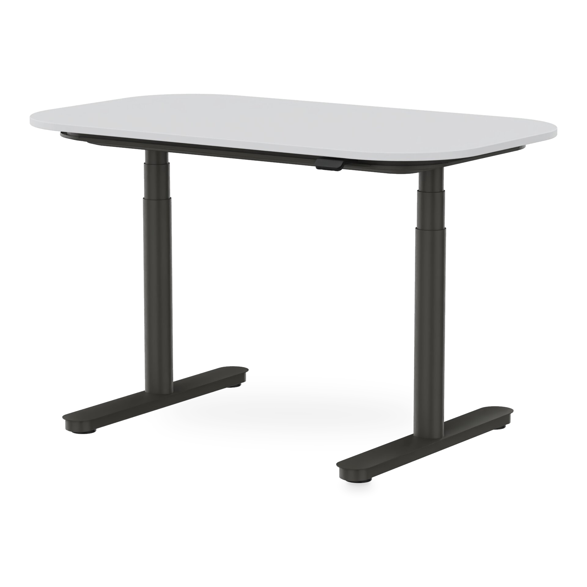 Ein moderner höhenverstellbarer Stehschreibtisch mit einer glatten, hellgrauen rechteckigen Tischplatte mit abgerundeten Ecken, getragen von einem stabilen schwarzen Metallgestell mit zwei Teleskopsäulen und flachen, stabilen Füßen auf schlichtem wei