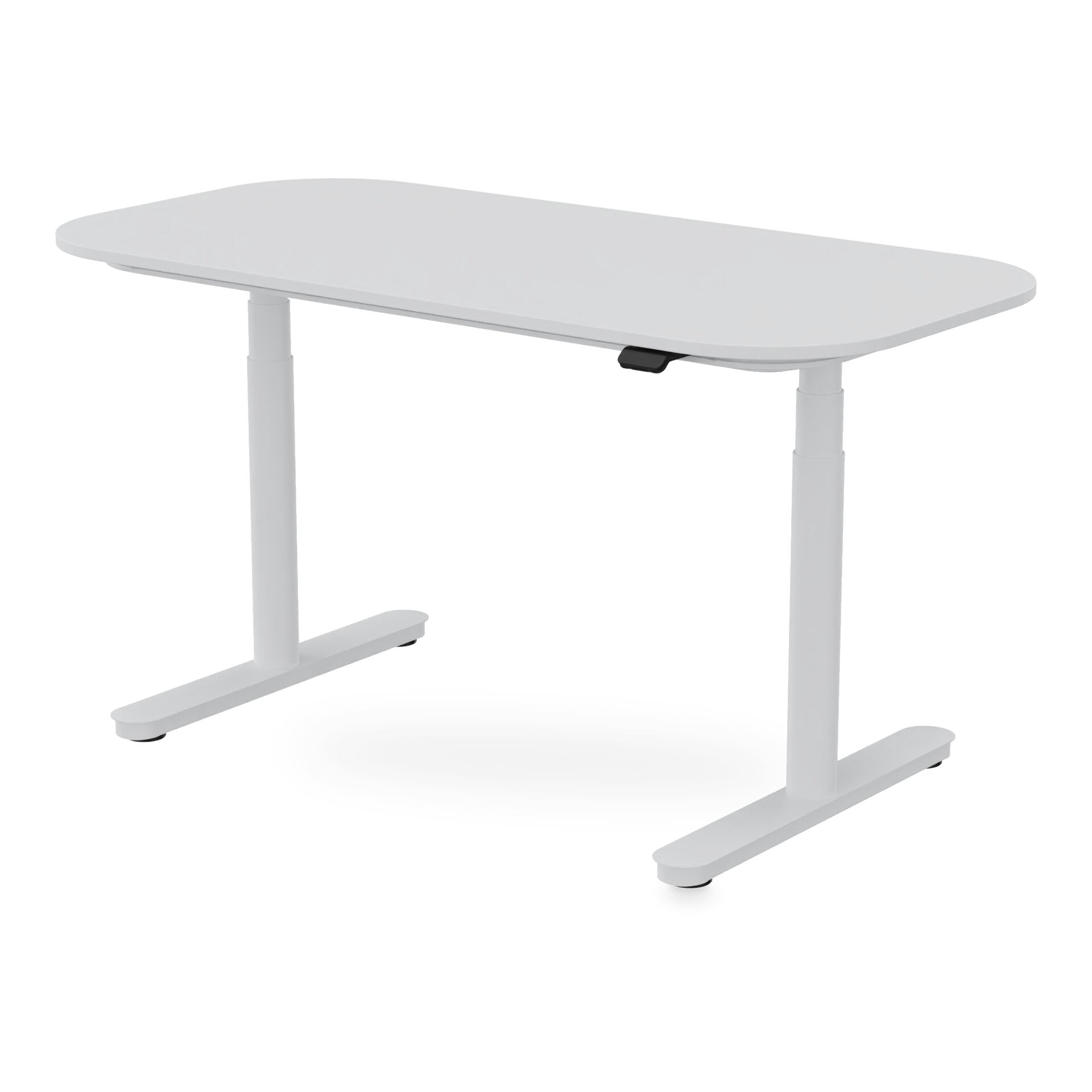 Ein moderner, minimalistischer, höhenverstellbarer Stehschreibtisch mit einer glatten, weißen, rechteckigen Platte und abgerundeten Ecken, getragen von einem stabilen, weißen Metall-T-Bein-Rahmen, isoliert vor einem schlichten, dunklen Hintergrund fü