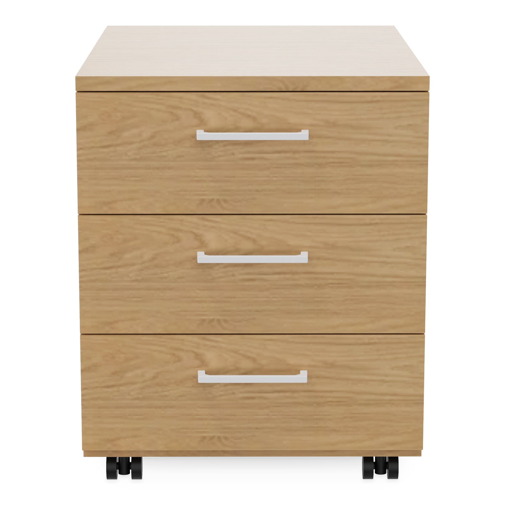 Ein moderner Rollcontainer mit drei Schubladen, einer hellen Eichenholzmaserung und minimalistischen silbernen horizontalen Griffen. Das Gerät ist auf vier schwarzen Rollen montiert, um es leicht bewegen zu können, ideal für die Aufbewahrung im Büro