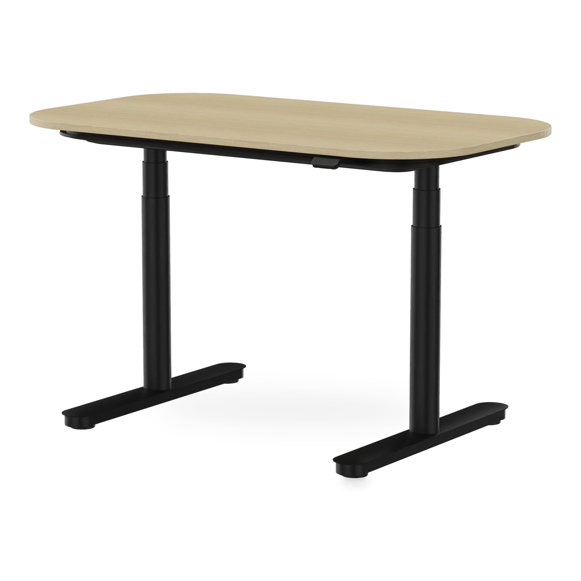 Ein moderner, höhenverstellbarer Stehschreibtisch mit einer rechteckigen Tischplatte mit heller Holzmaserung und abgerundeten Ecken, getragen von einem stabilen schwarzen Metallrahmen mit zwei vertikalen Säulen und flachen Standfüßen, vor einem schli