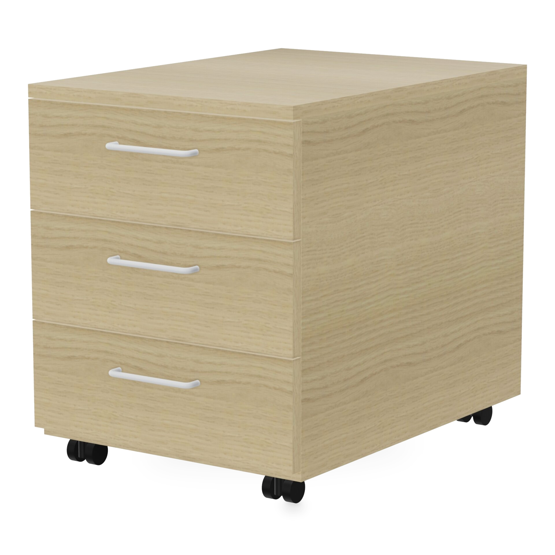 Ein moderner Rollcontainer mit drei Schubladen, gefertigt aus Laminat mit heller Eichenholzmaserung. Das Gerät verfügt über einfache weiße horizontale Griffe und steht auf vier schwarzen Lenkrollen für eine einfache Bewegung, ideal für die Aufbewahru