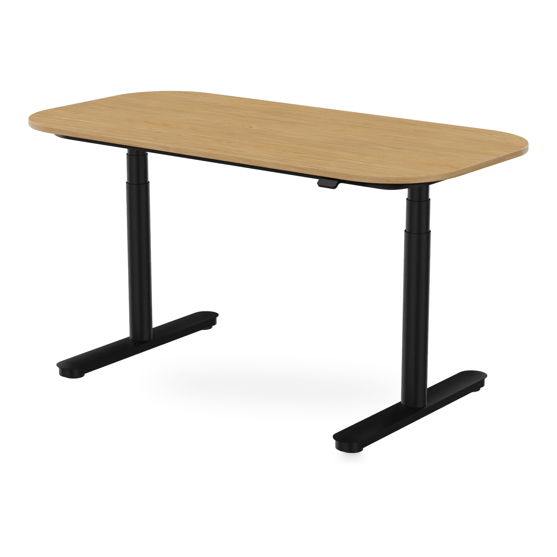 Ein moderner, höhenverstellbarer Stehschreibtisch mit einer rechteckigen Tischplatte mit heller Holzmaserung und abgerundeten Ecken, getragen von einem stabilen T-Rahmen aus schwarzem Metall, isoliert vor einem schlichten schwarzen Hintergrund.