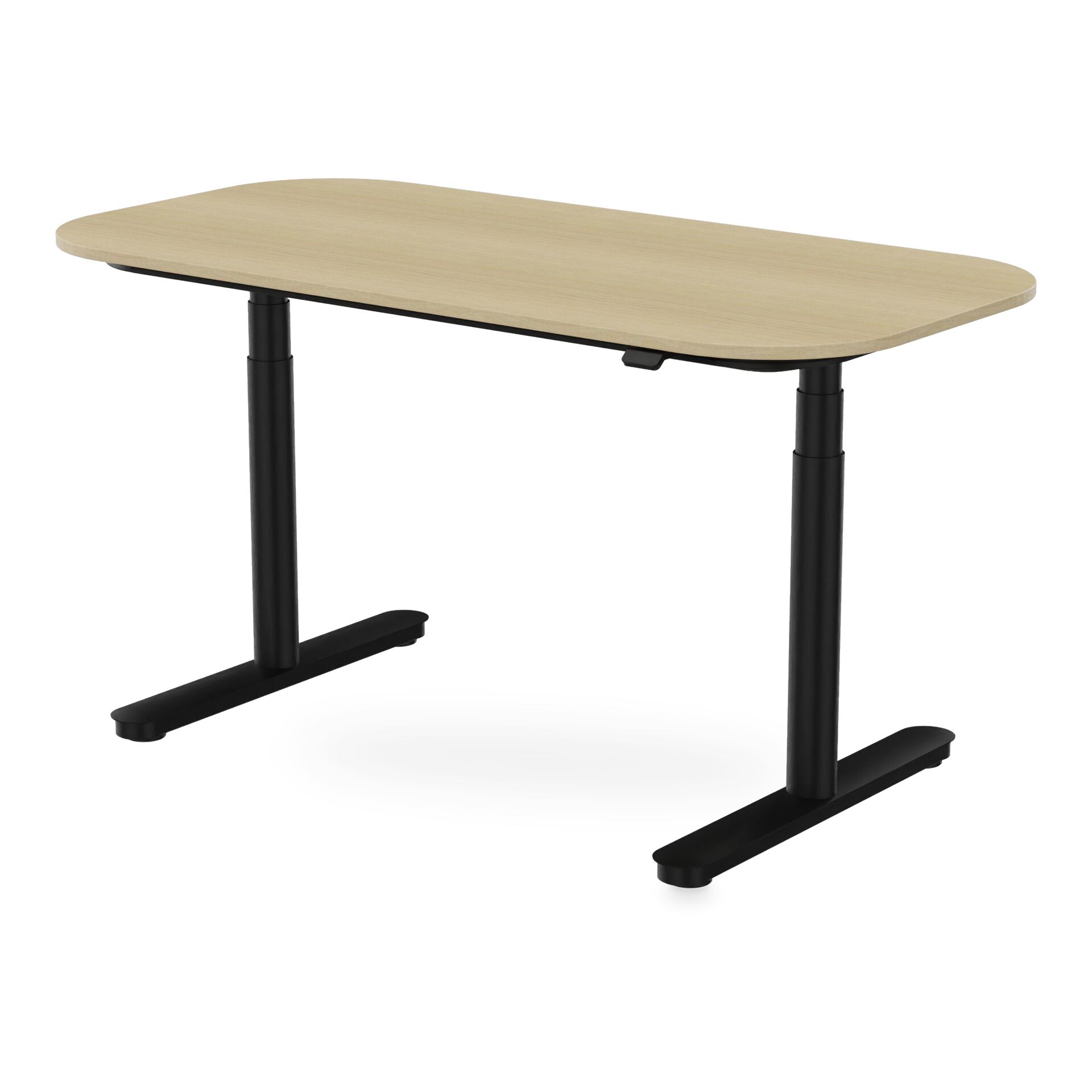 Moderner höhenverstellbarer Schreibtisch mit einer rechteckigen Platte mit heller Holzmaserung und abgerundeten Ecken, getragen von einem stabilen T-Bein-Gestell aus schwarzem Metall, ideal für ein modernes Heimbüro oder eine ergonomische Arbeitsplat