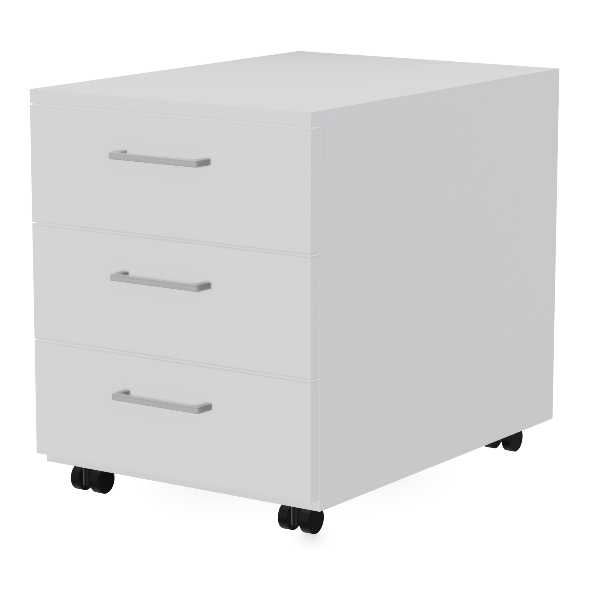 Ein moderner, weißer Rollcontainer mit drei geräumigen Schubladen, eleganten silberfarbenen Griffen und schwarzen Lenkrollen für einfaches Bewegen, perfekt für organisierte Büroaufbewahrung und minimalistische Heimarbeitsplatzeinrichtungen.
