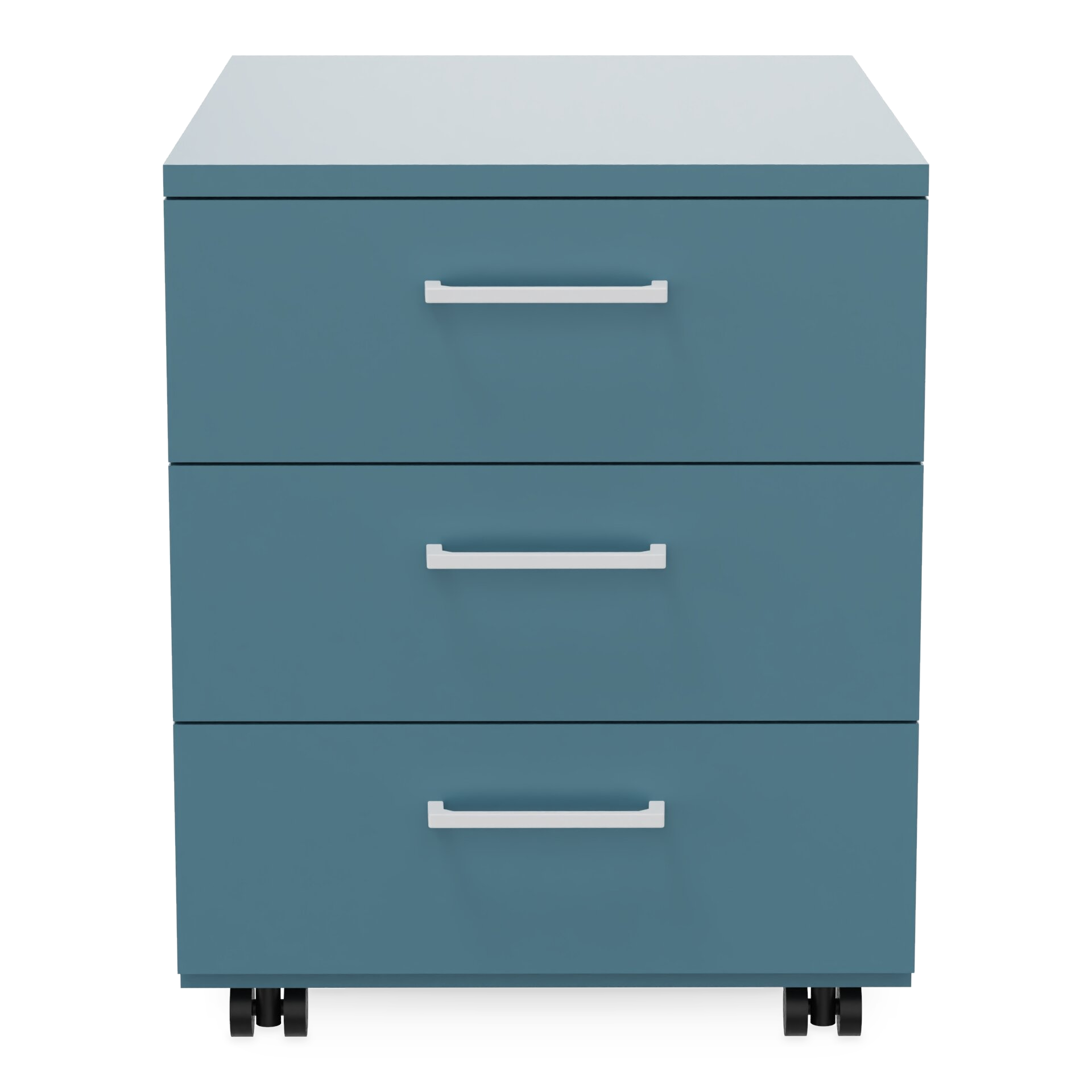 Ein moderner, blauer Rollcontainer mit drei geräumigen Schubladen mit eleganten, silberfarbenen horizontalen Griffen. Das Gerät ist auf kleinen, schwarzen Rollen gelagert, sodass es leicht bewegt werden kann, und bietet eine funktionale Aufbewahrungs