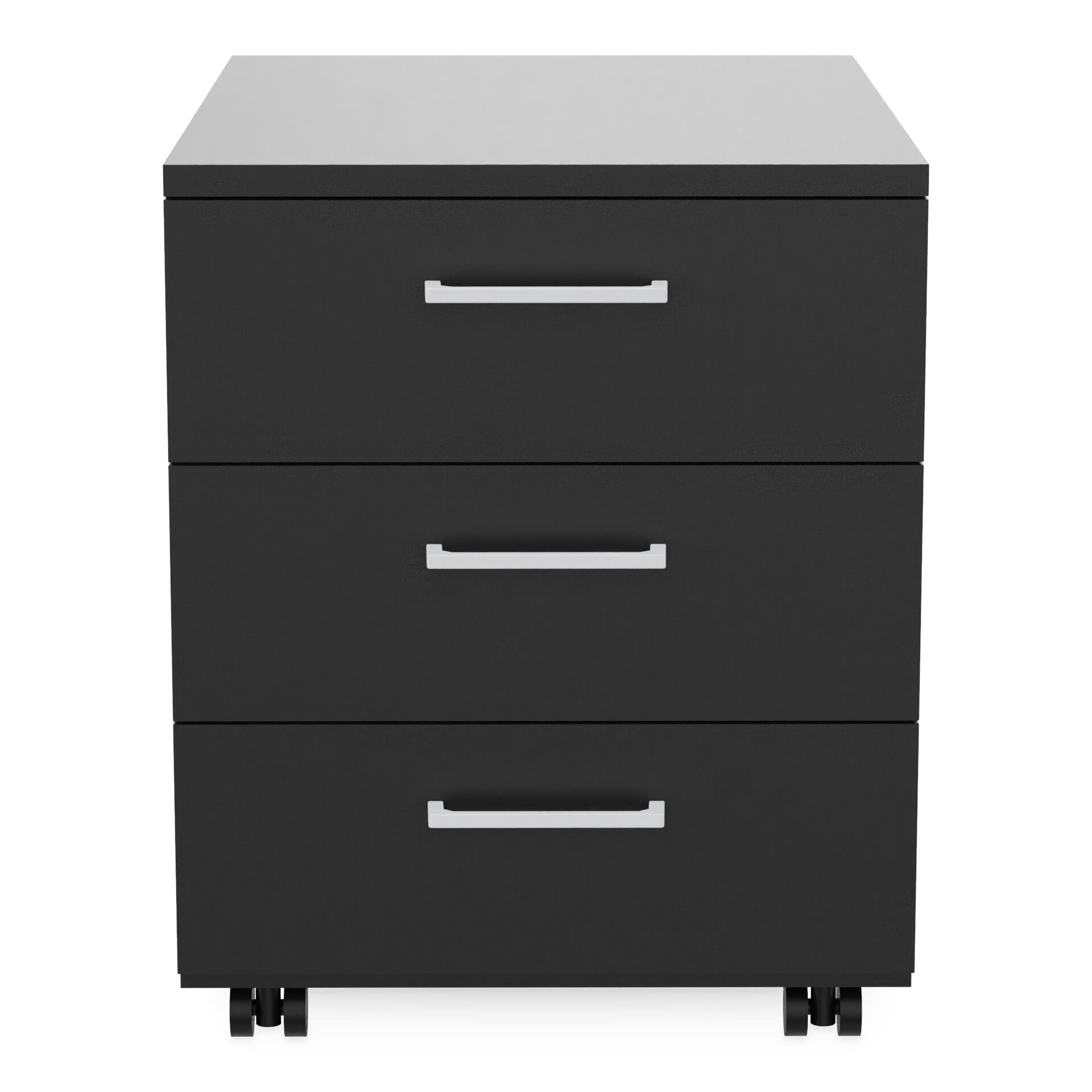 Ein moderner Rollcontainer mit drei geräumigen Schubladen in elegantem mattschwarzem Finish. Er verfügt über minimalistische, silberfarbene horizontale Griffe und steht auf robusten, schwarzen Rollen für eine einfache Bewegung, ideal für die organisi