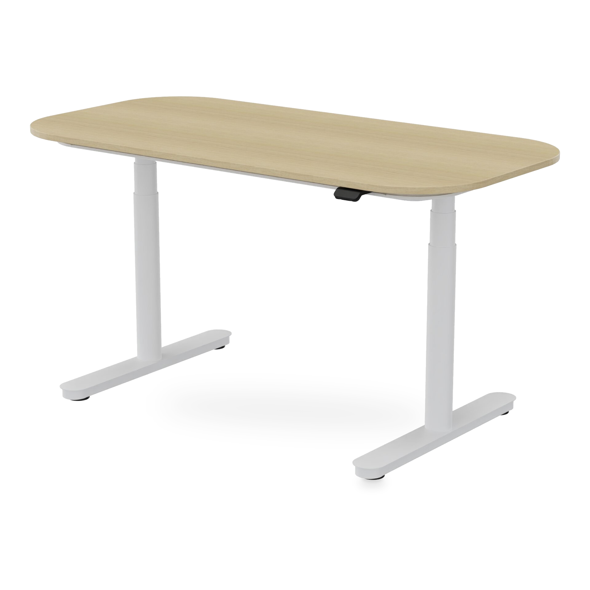 Moderner höhenverstellbarer Stehschreibtisch mit einer rechteckigen Platte mit heller Eichenholzmaserung und abgerundeten Ecken und einem stabilen weißen Metallrahmen, konzipiert für den ergonomischen Einsatz im Büro oder am Heimarbeitsplatz.