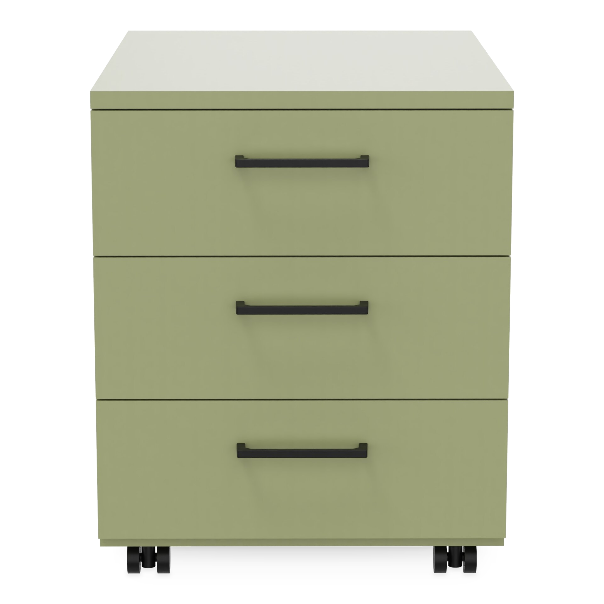 Ein moderner Rollcontainer mit drei Schubladen in sanftem Salbeigrün, mit eleganten schwarzen horizontalen Griffen und robusten schwarzen Rollen, perfekt für organisierte Büroaufbewahrung und moderne Inneneinrichtung von Heimarbeitsplätzen.