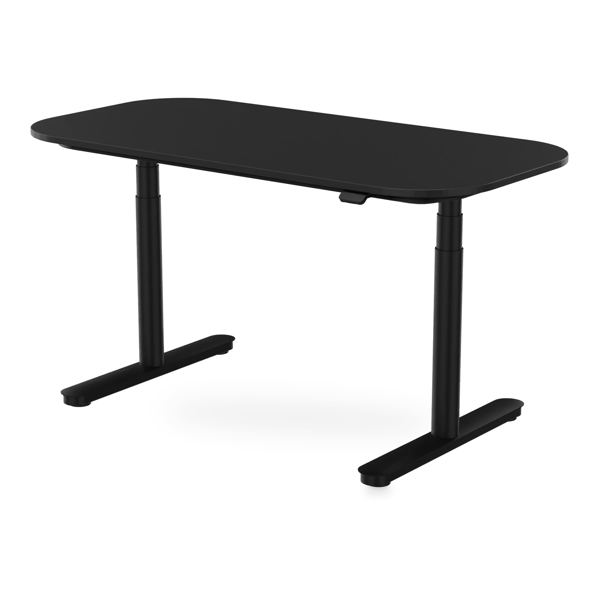 Ein moderner, minimalistischer, höhenverstellbarer Stehschreibtisch in Mattschwarz mit einer glatten rechteckigen Tischplatte mit abgerundeten Ecken und stabilen Doppelsäulen-Metallbeinen, ideal für ein modernes Heimbüro oder einen professionellen Ar