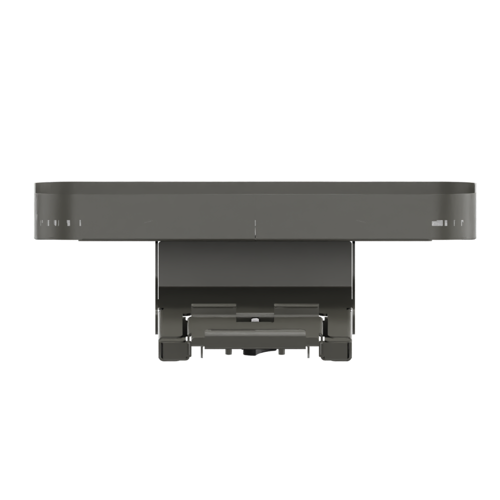 Eine Nahaufnahme von vorne auf ein dunkelgraues, minimalistisches Möbelstück oder eine Montagehalterung mit einer glatten, flachen Oberfläche und einem strukturierten, mechanischen Basisdesign, isoliert vor einem einfarbigen schwarzen Hintergrund.