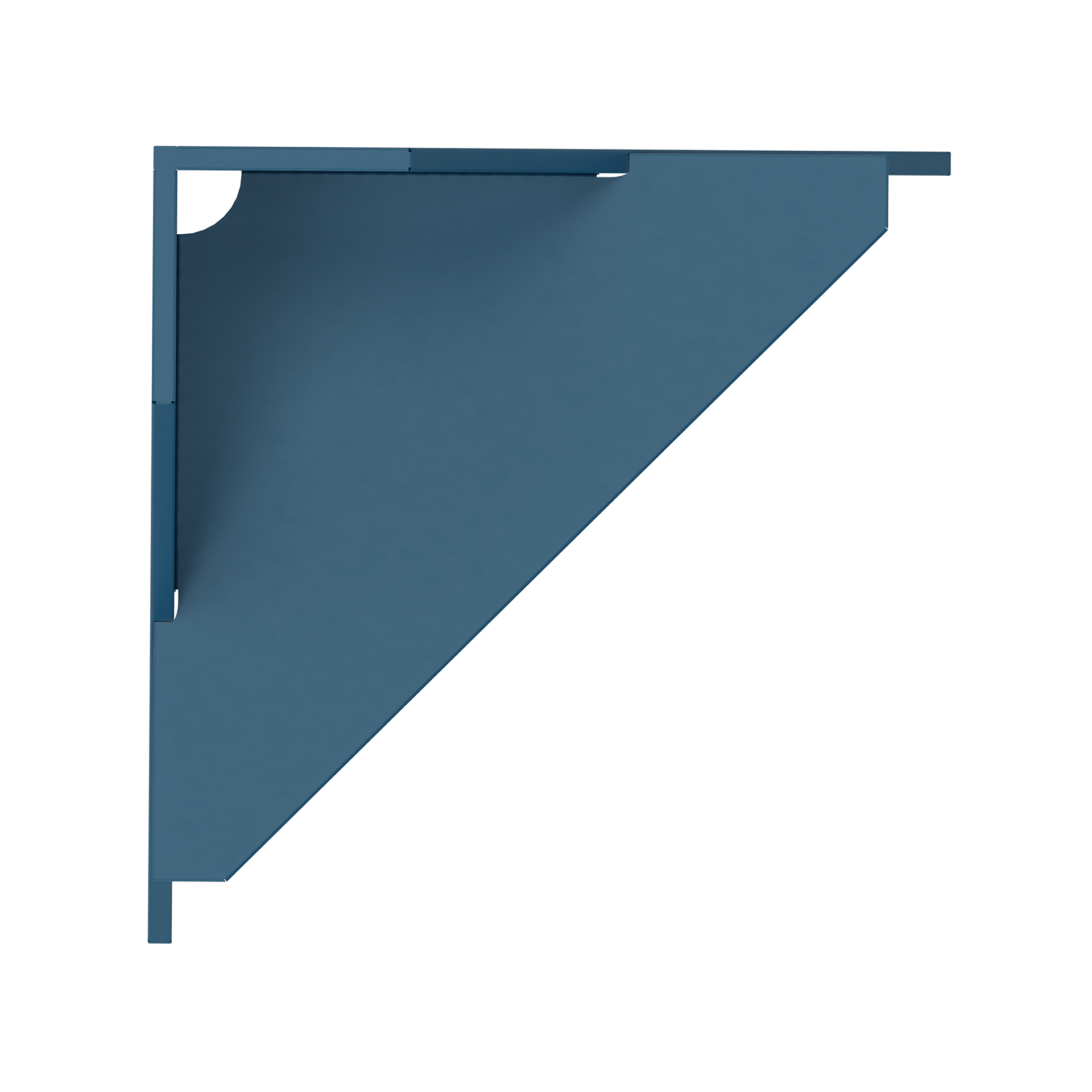 Ein minimalistisches, dreieckiges Eckregal in mattem Dunkelblau, konzipiert für die Wandmontage. Die schlanke, moderne Metallkonstruktion bietet eine saubere, platzsparende Aufbewahrungslösung für moderne Wohnräume.