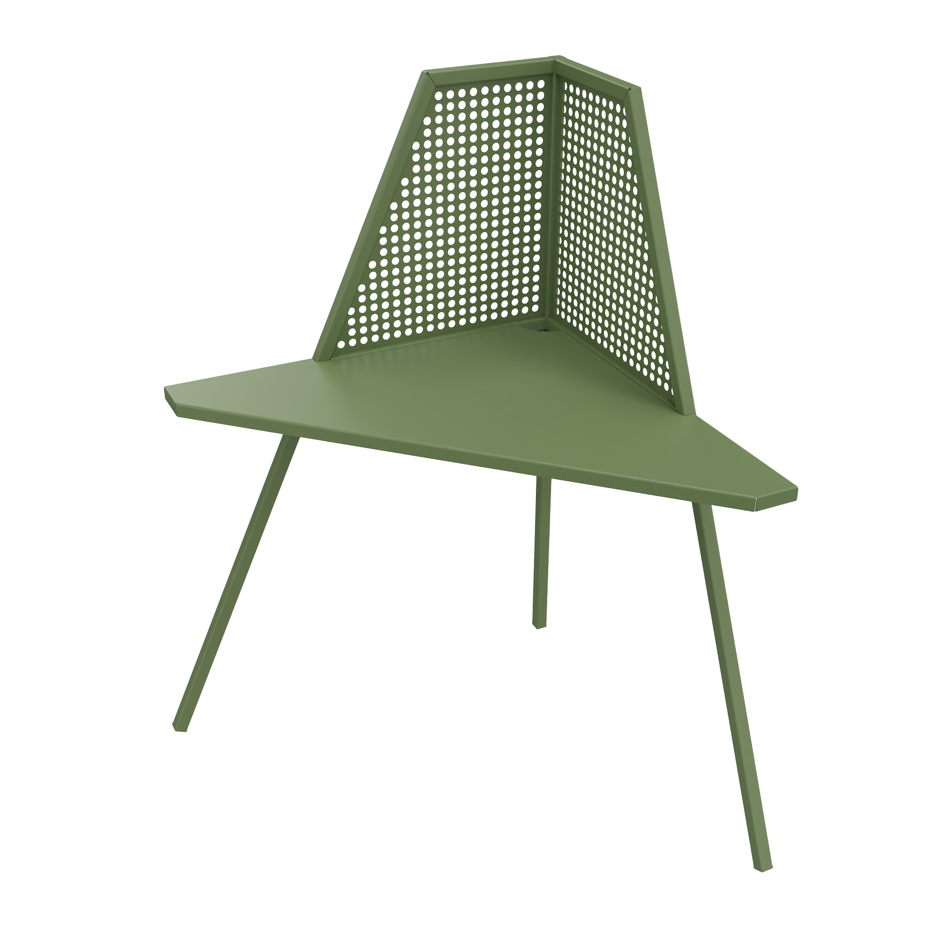 Ein moderner, minimalistischer Eckschreibtisch in Salbeigrün mit einer dreieckigen Tischplatte und einer markanten perforierten Metallrückenlehne. Dieses elegante Stück im Industriestil wird von drei schlanken Beinen getragen und eignet sich perfekt