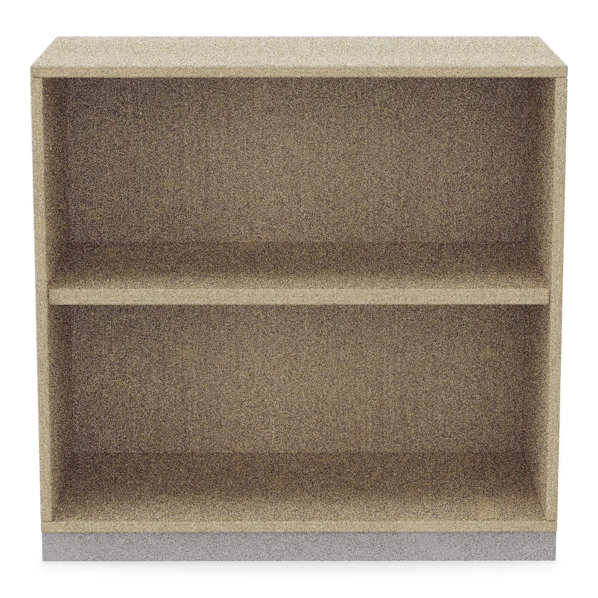 Ein minimalistisches, flaches, offenes Bücherregal mit strukturierter, hellbeige gesprenkelter Oberfläche. Das Gerät verfügt über ein festes mittleres Regal, das zwei geräumige Staufächer bietet, und steht auf einem soliden, etwas dunkleren grauen So