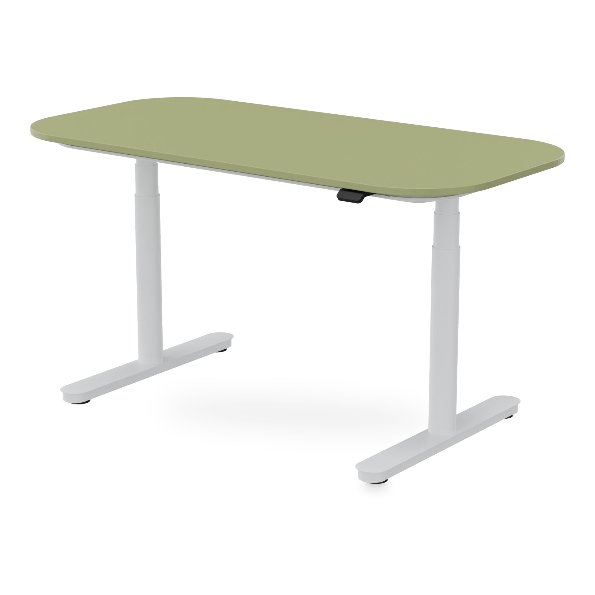 Ein moderner, höhenverstellbarer Stehschreibtisch mit einer salbeigrünen rechteckigen Platte mit abgerundeten Ecken und einem stabilen weißen Metallrahmen, isoliert vor einem schlichten Hintergrund für eine klare, professionelle Home-Office-Ästhetik.