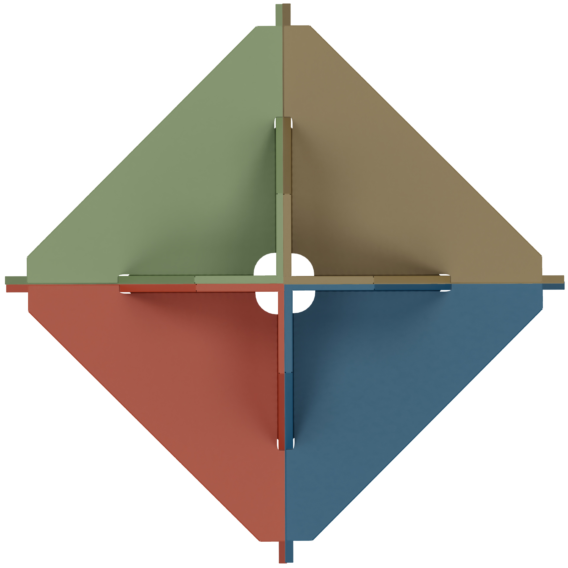 Eine Draufsicht auf ein modernes, modulares Regal mit vier unterschiedlichen dreieckigen Fächern in Salbeigrün, gedämpftem Braun, Terrakottarot und Schieferblau, angeordnet in einer symmetrischen Kreuzform mit einem zentralen kreisförmigen Ausschnitt