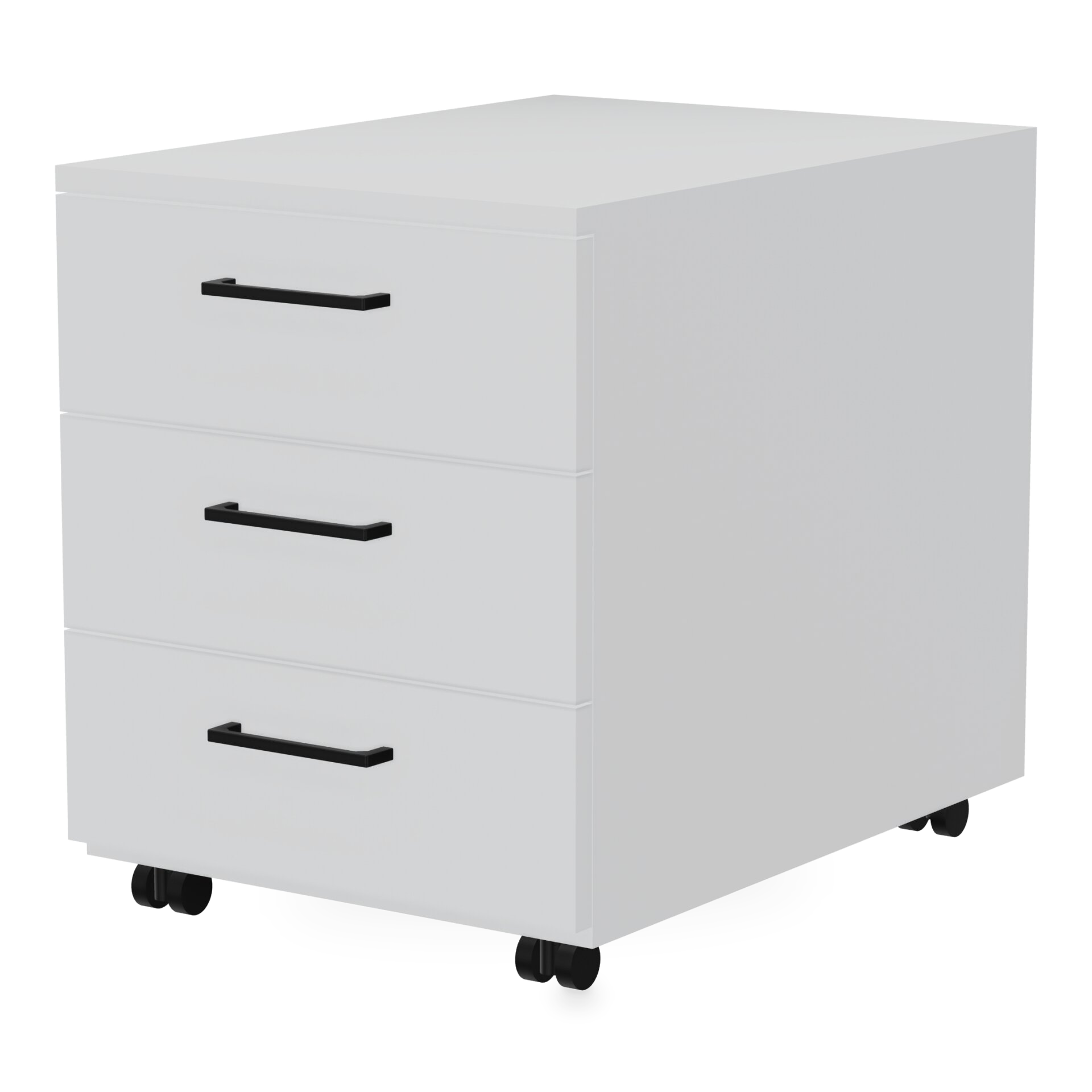 Ein moderner, weißer Rollcontainer mit drei Schubladen, eleganten schwarzen horizontalen Griffen und vier stabilen Rollen für einfache Bewegung, perfekt für die organisierte Büroaufbewahrung in einem modernen Arbeitsbereich.