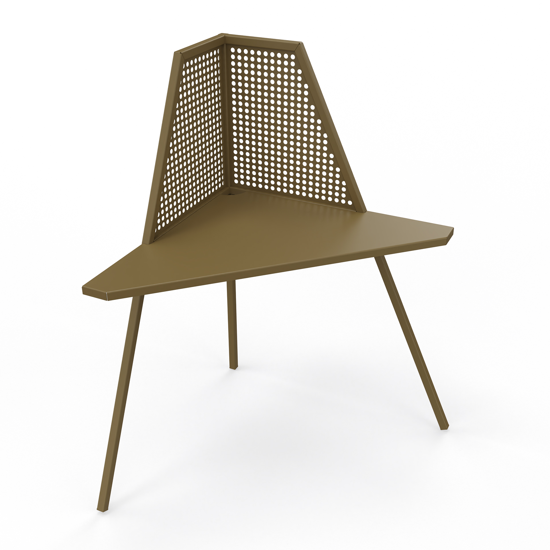 Ein moderner, minimalistischer Eckschreibtisch in mattem Olivbraun. Die dreieckige Tischplatte verfügt über eine einzigartige perforierte Metallrückwand für einen modernen Industrie-Look und wird von drei schlanken, abgewinkelten Beinen vor einem sau