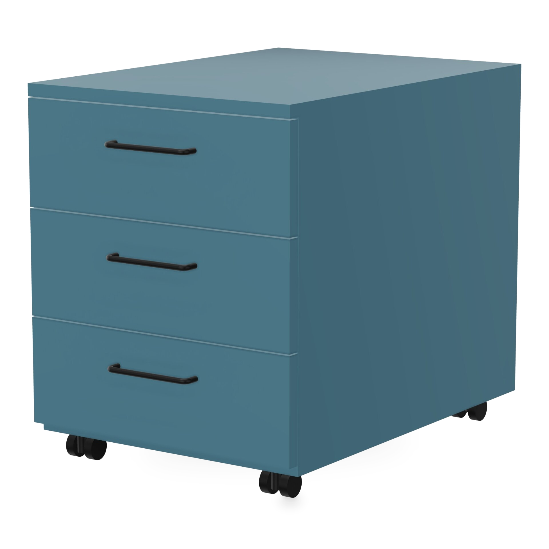 Ein moderner Rollcontainer mit drei Schubladen in mattblauer Ausführung und schmalen schwarzen horizontalen Griffen. Das Gerät steht auf kleinen schwarzen Rollen und bietet eine funktionale und stilvolle Aufbewahrungslösung für ein Heimbüro oder eine