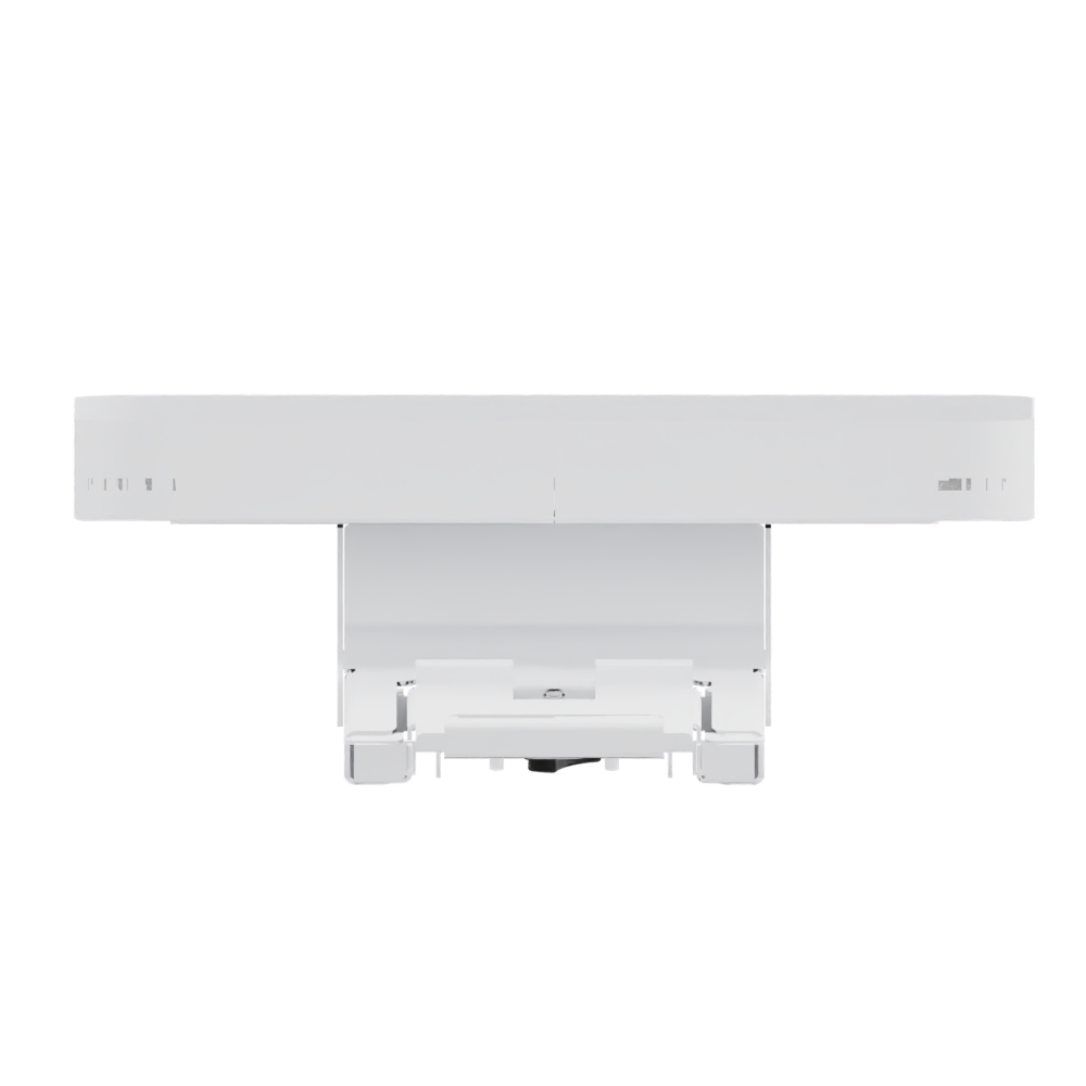 Ein minimalistisches, weißes, rundes Wandregal oder Möbelelement mit klarem, modernem Design und einer stabilen zentralen Stützhalterung, isoliert vor einem einfarbigen schwarzen Hintergrund für eine professionelle Produktpräsentation.