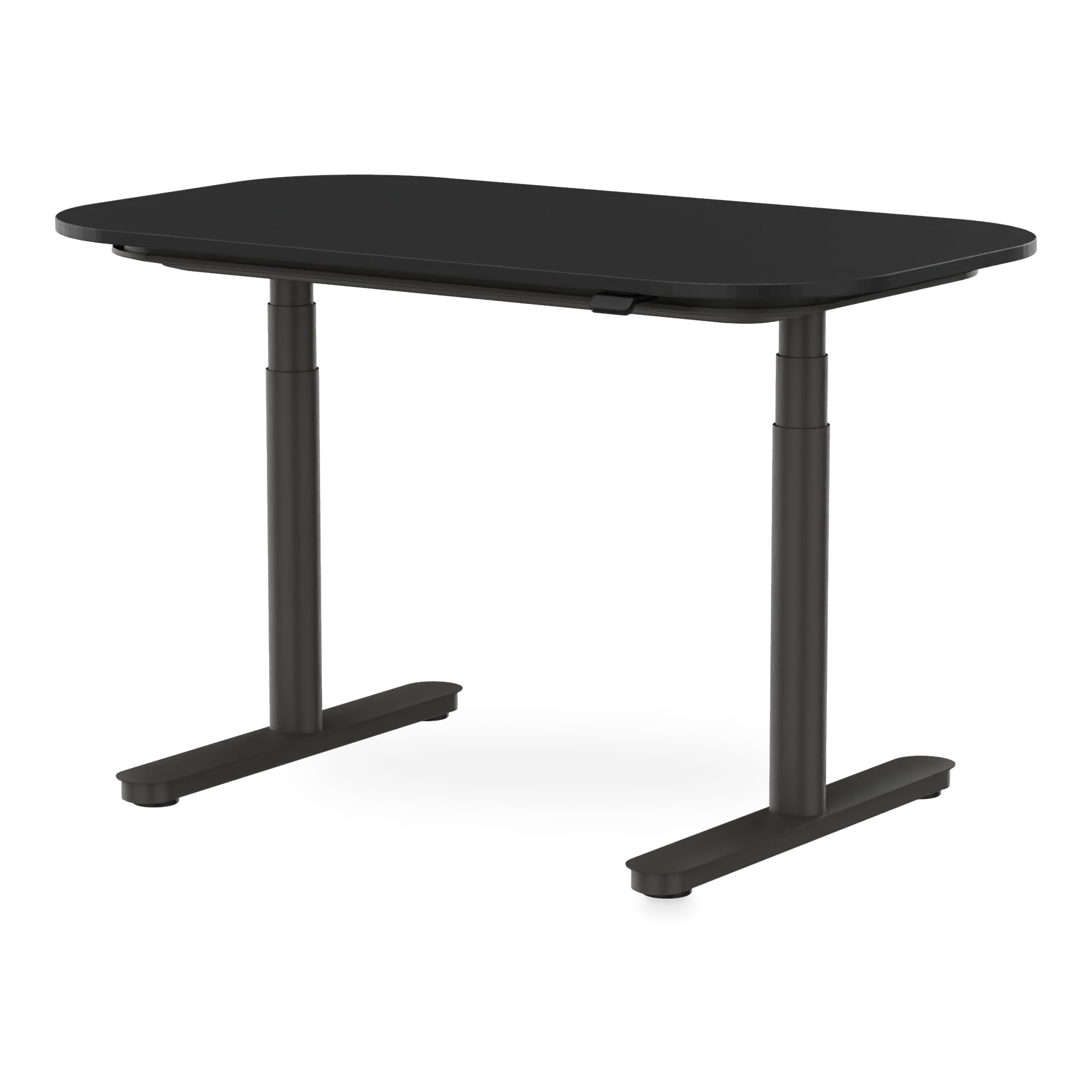 Ein moderner, minimalistischer höhenverstellbarer Schreibtisch mit einer eleganten schwarzen rechteckigen Tischplatte mit abgerundeten Ecken und einem stabilen schwarzen Metallrahmen mit zwei vertikalen Säulen vor einem schlichten schwarzen Hintergru